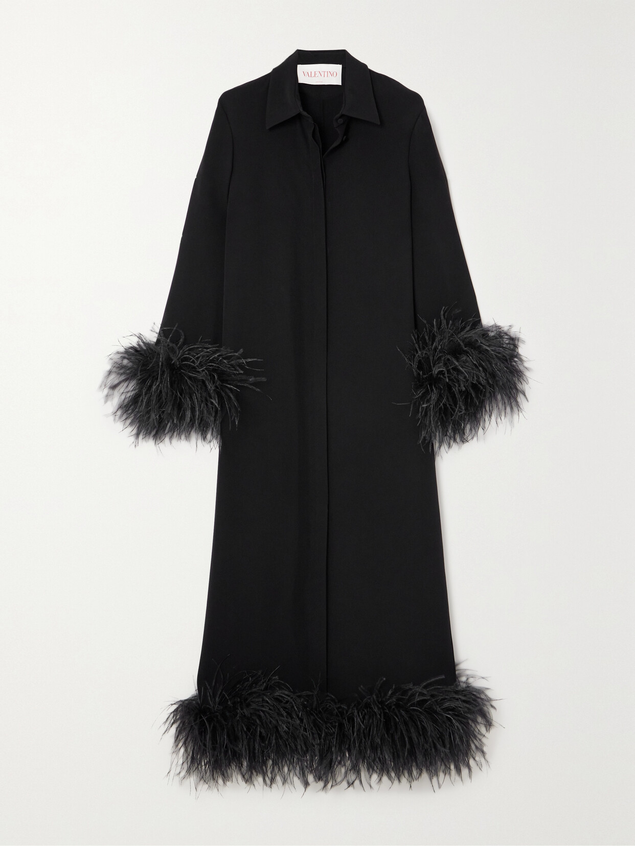 Valentino Feather-trimmed Silk Crepe De Chine Midi Shirt Dress In Black