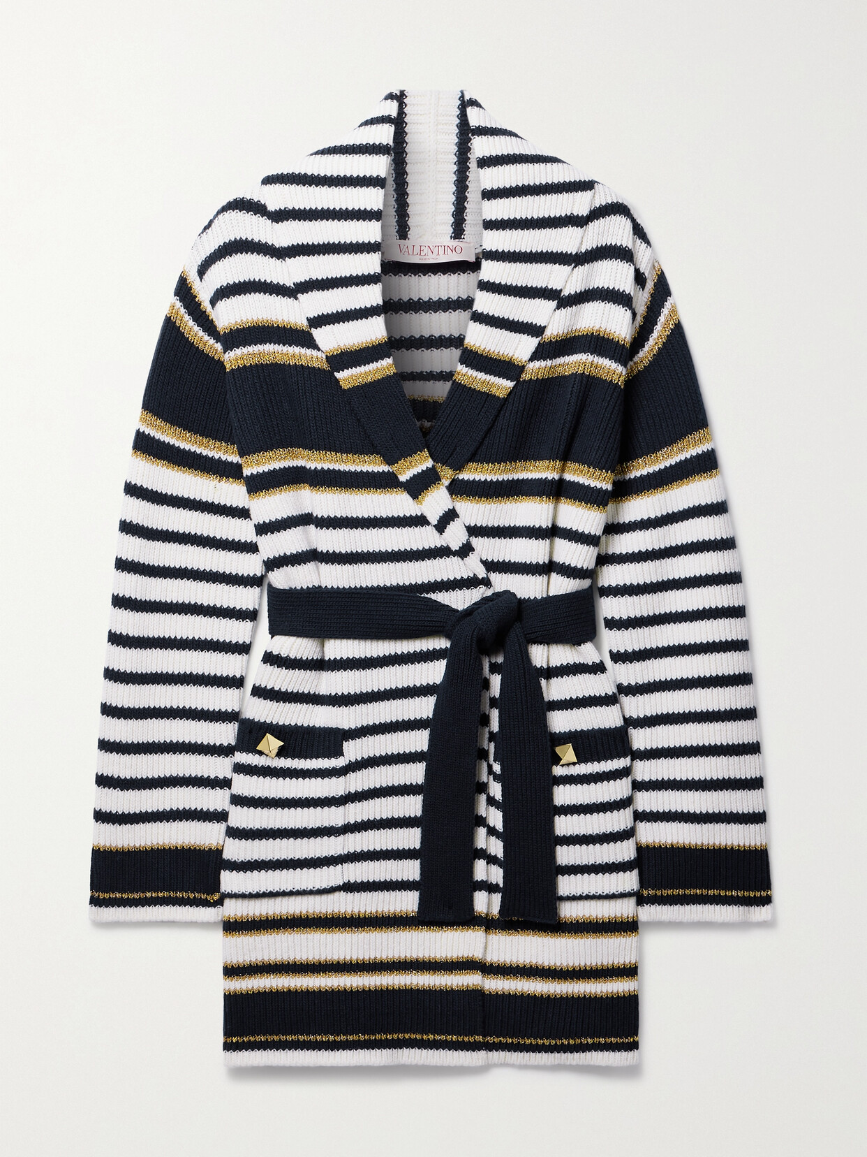 Shop Valentino Belted Striped Studded Metallic Intarsia-knit Cardigan In White