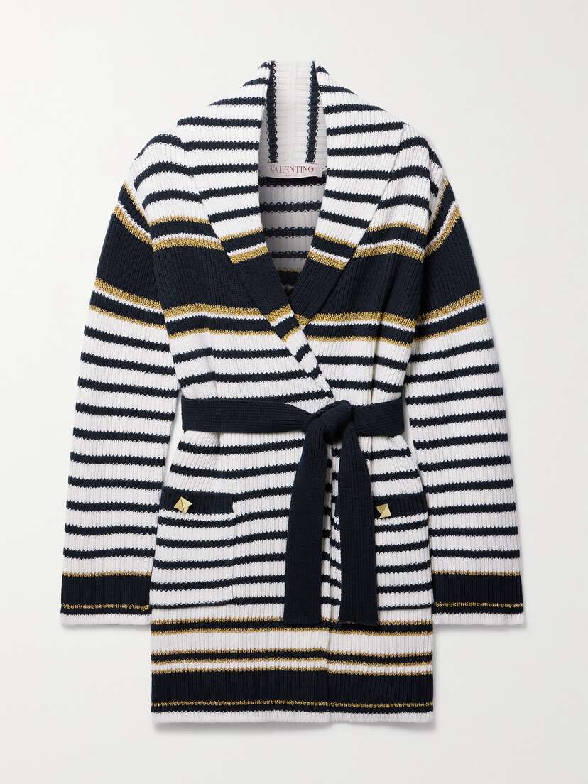 Valentino Garavani Belted Striped Studded Metallic Intarsia-knit Cardigan - x large
