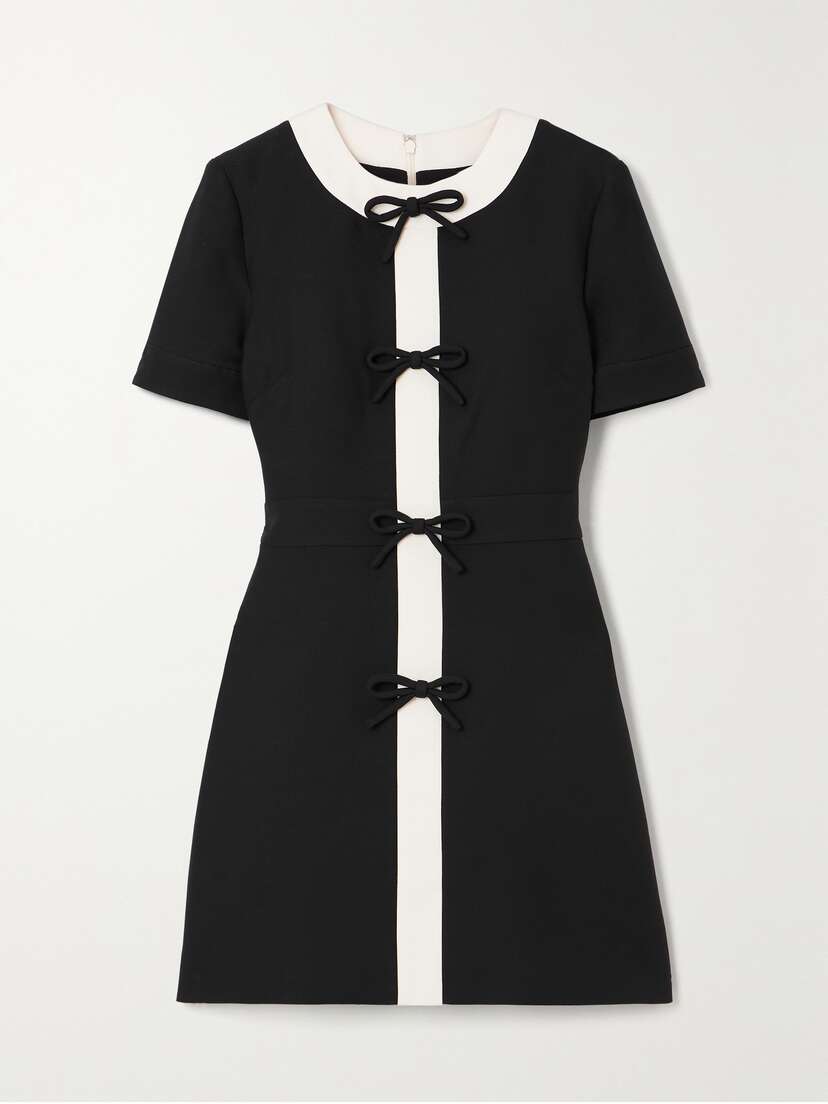Valentino Garavani Bow-embellished Two-tone Wool And Silk-blend Crepe Mini Dress