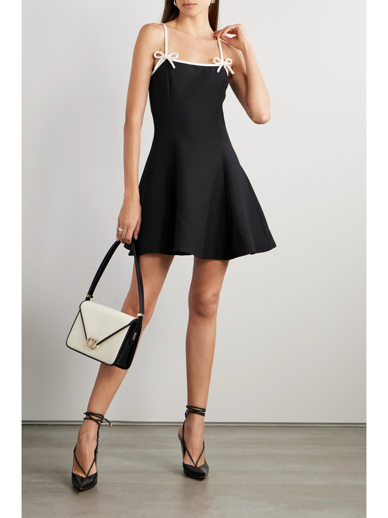 Shop Valentino Bow-embellished Wool And Silk-blend Crepe Mini Dress In Black