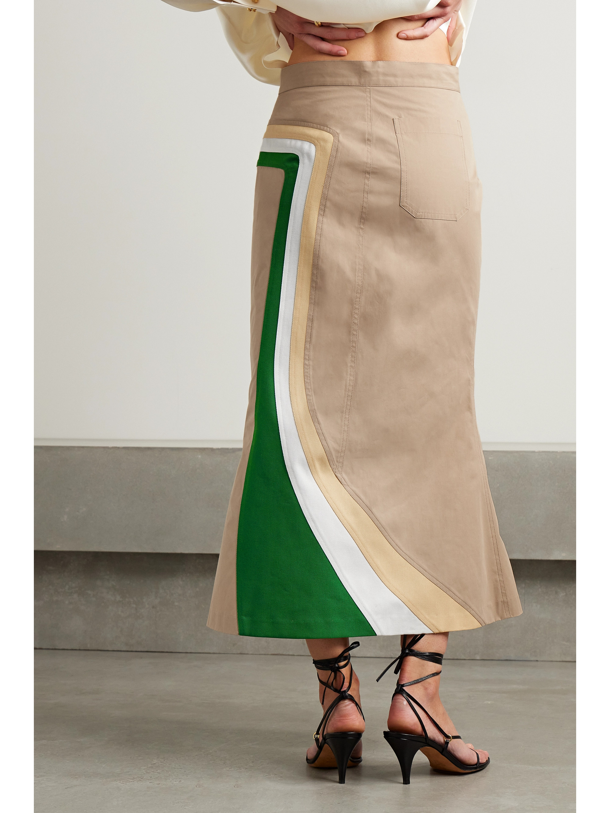 Rosie Assoulin O'Delia striped cotton-twill trimmed cotton-blend gabardine midi skirt