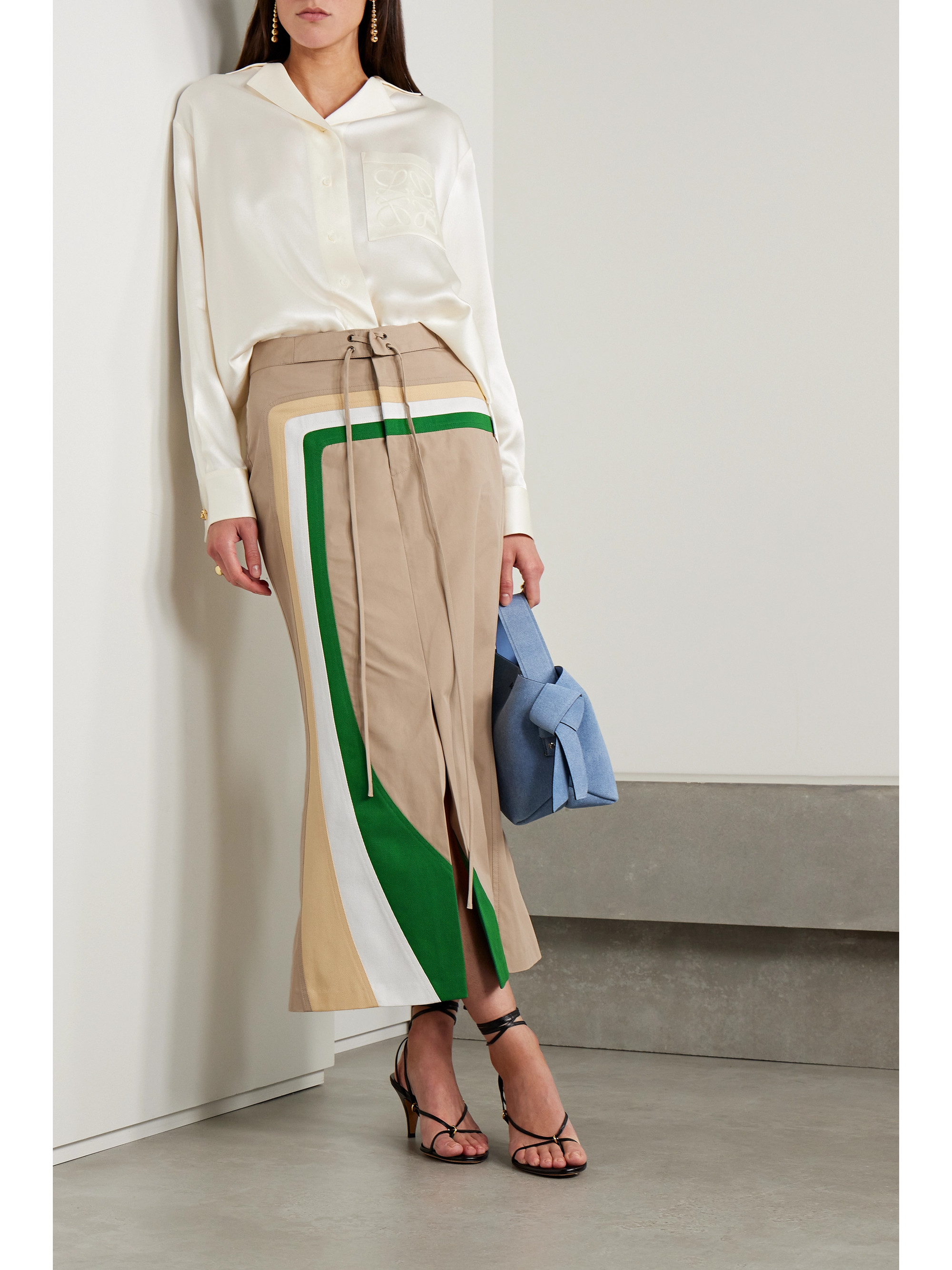 Rosie Assoulin O'Delia striped cotton-twill trimmed cotton-blend gabardine midi skirt