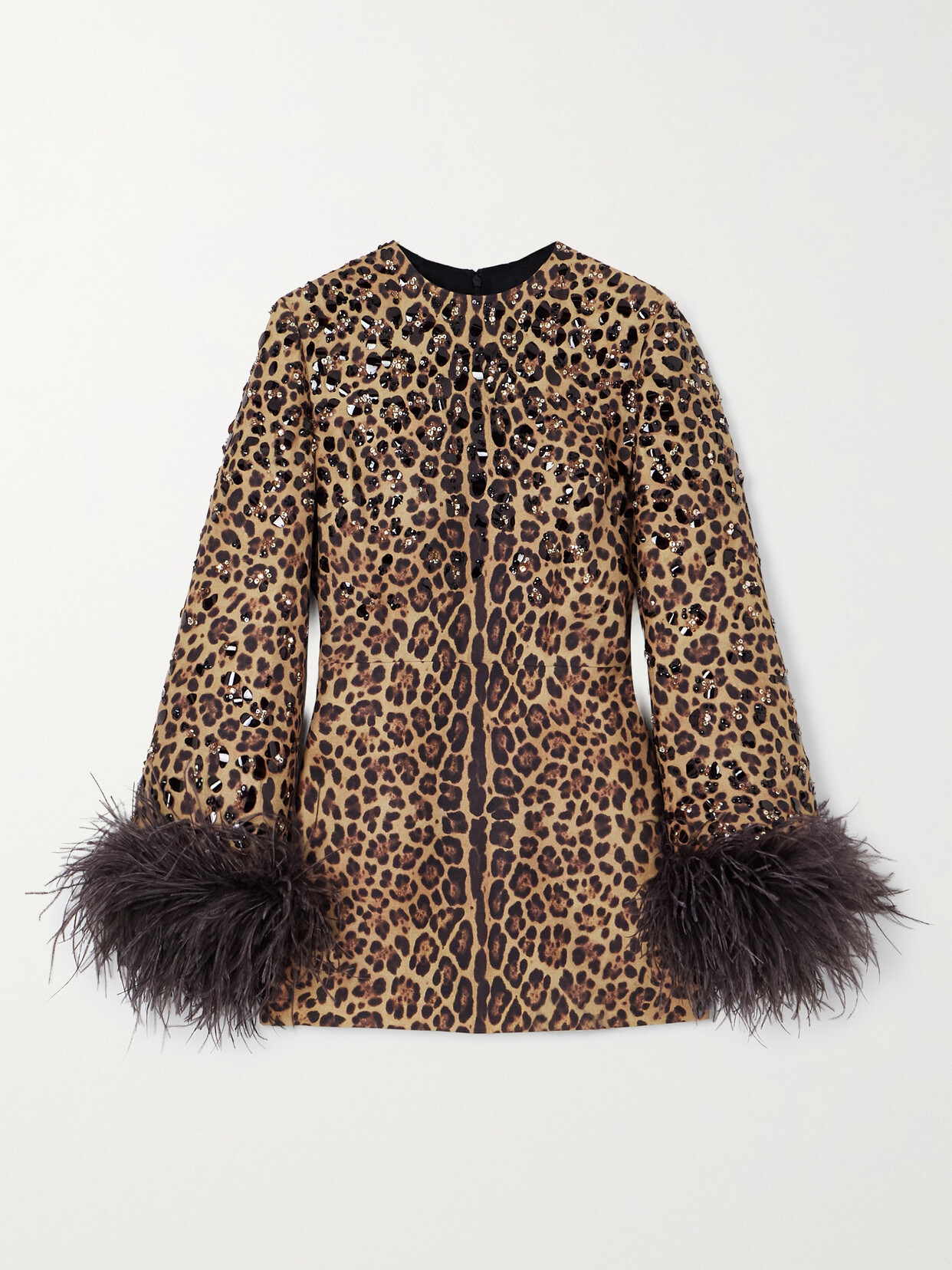 Valentino Garavani Feather-trimmed Embellished Leopard-print Wool And Silk-blend Mini Dress - Animal print