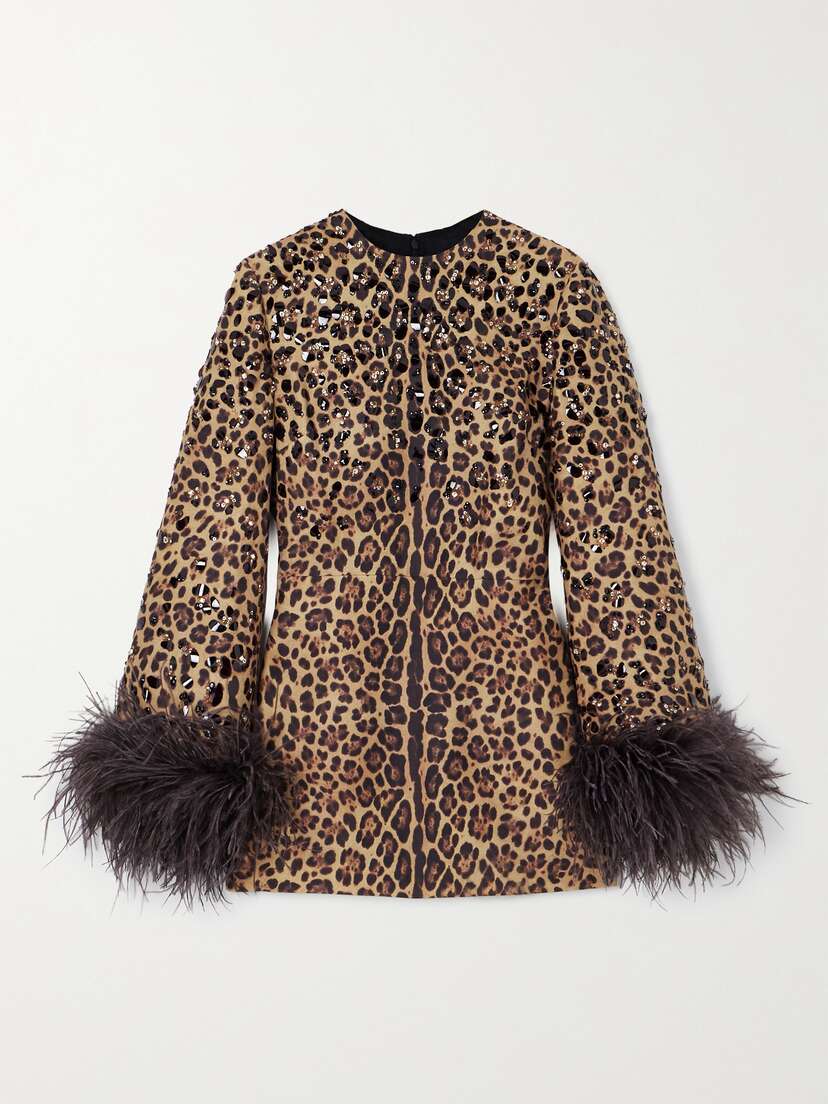 Valentino Garavani Feather-trimmed Embellished Leopard-print Wool And Silk-blend Mini Dress
