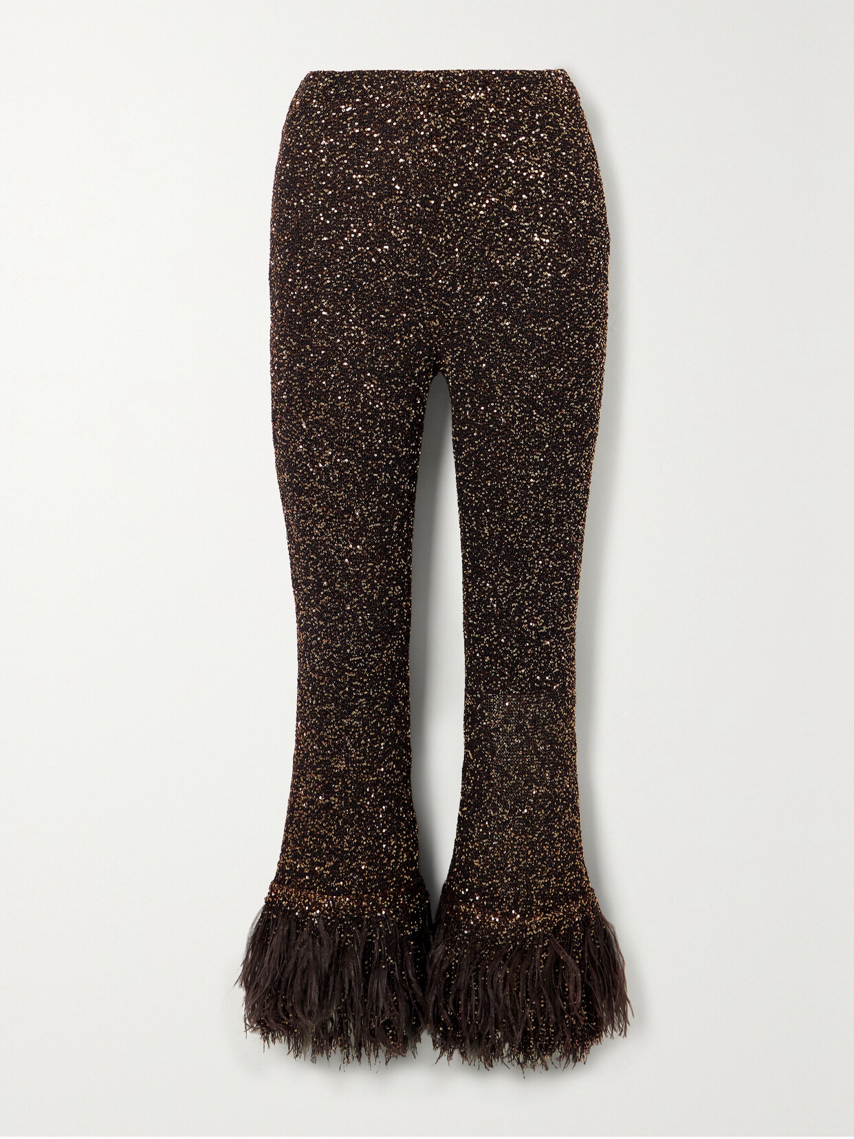 Valentino Garavani Feather-trimmed Sequin-embellished Knitted Flared Pants - Brown