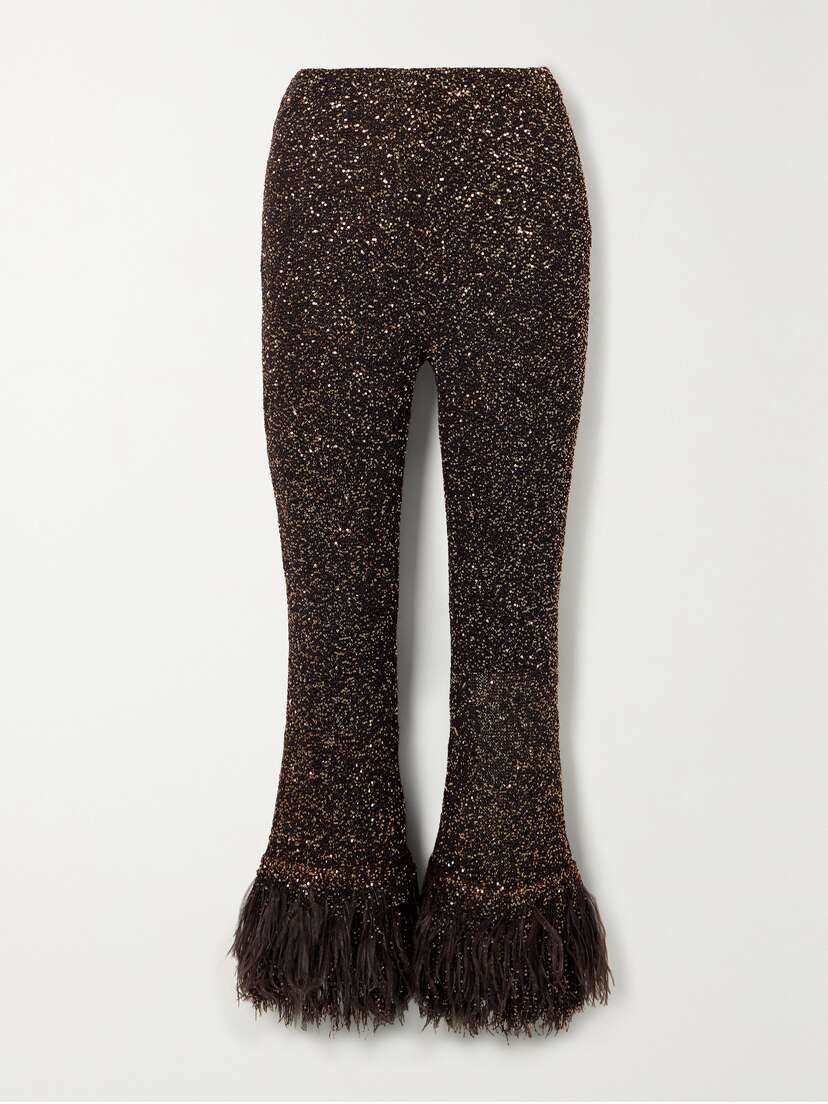Valentino Garavani — Feather-trimmed sequin-embellished knitted flared pants