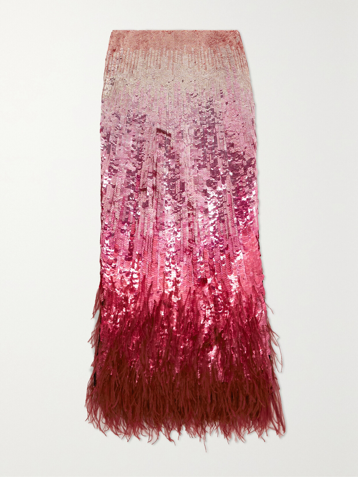 Shop Valentino Feather-trimmed Sequined Satin Midi Skirt In Pink