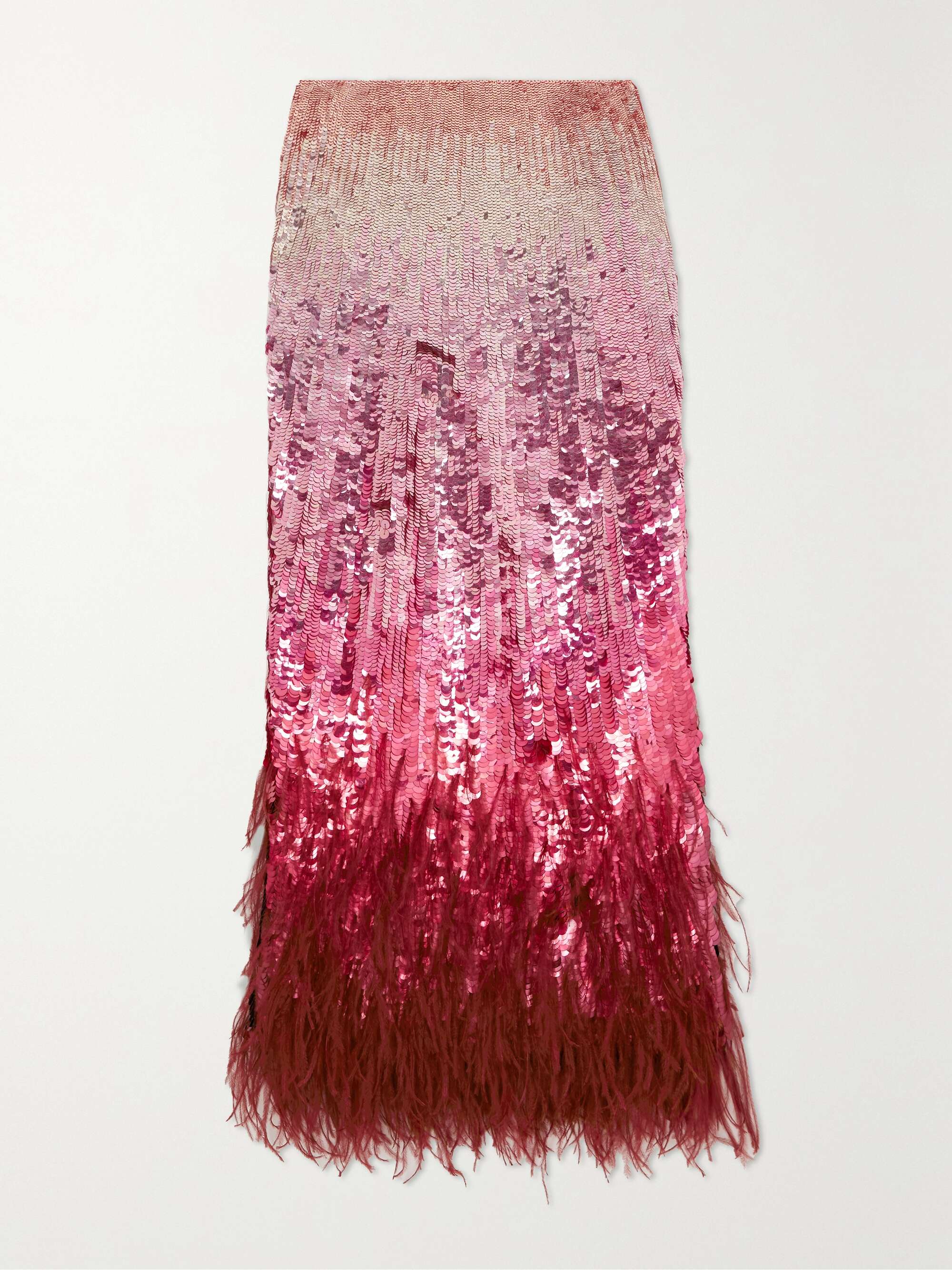 VALENTINO GARAVANI Feather-trimmed sequined satin midi skirt | NET-A-PORTER