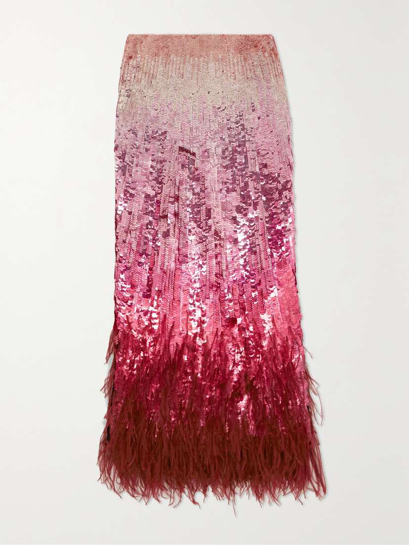 Valentino Garavani Feather-trimmed Sequined Satin Midi Skirt