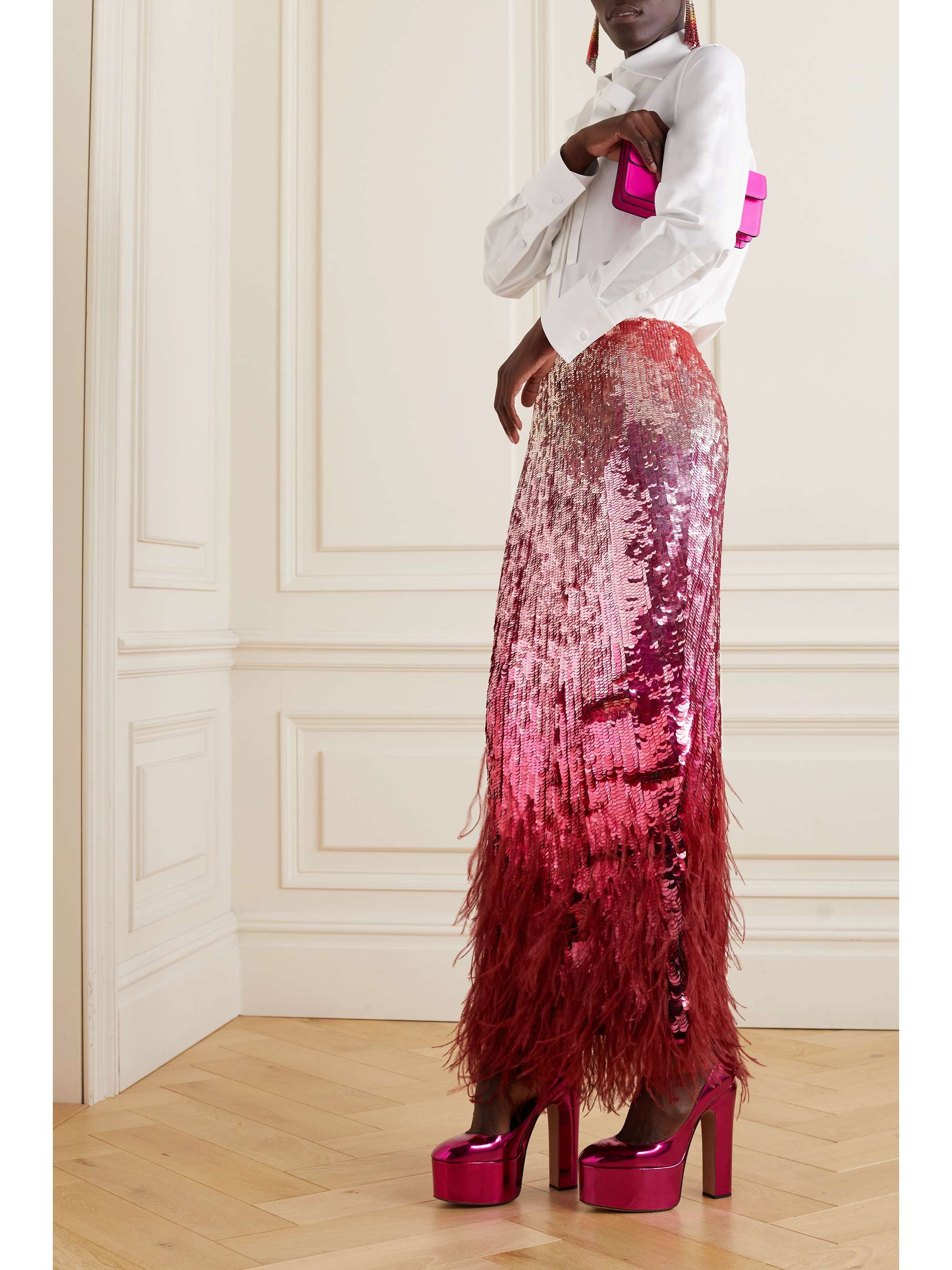 VALENTINO GARAVANI Feather-trimmed sequined satin midi skirt | NET-A-PORTER