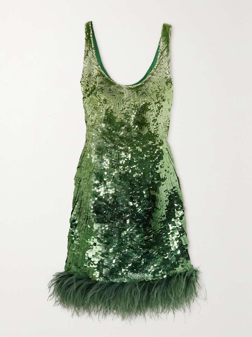 Valentino Garavani — Feather-trimmed sequined satin mini dress