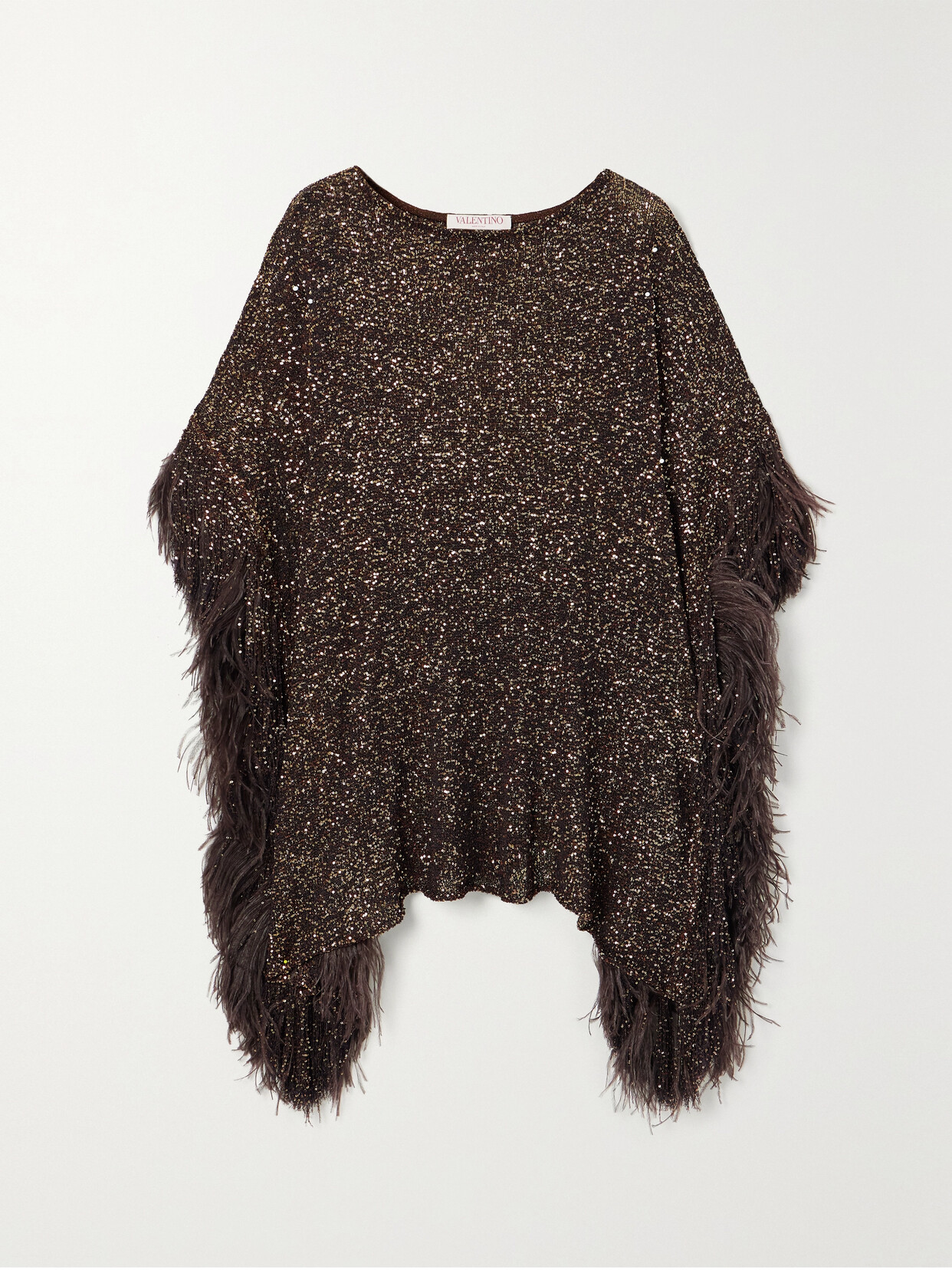 Valentino Asymmetric Feather-trimmed Sequin-embellished Knitted Top In Brown