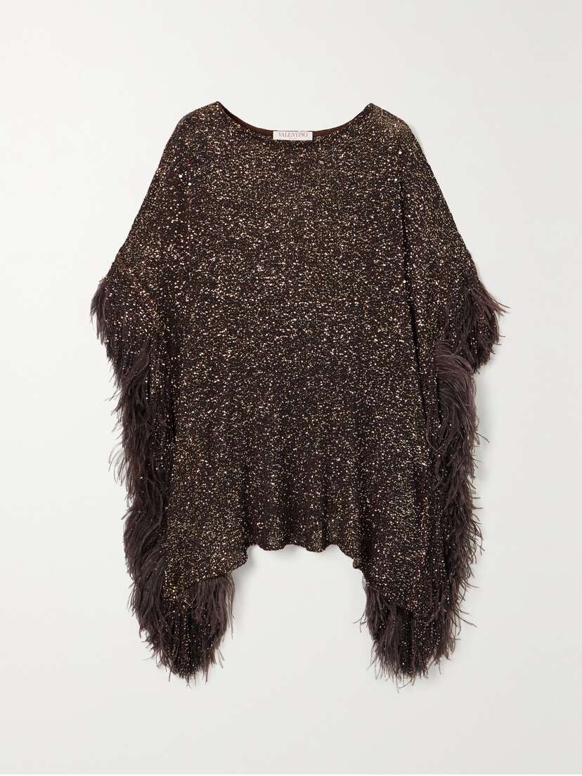 Valentino Garavani Asymmetric Feather-trimmed Sequin-embellished Knitted Top