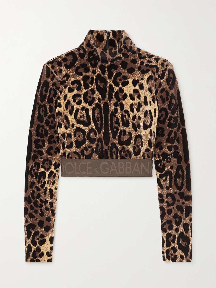 Dolce & Gabbana Cropped Leopard-jacquard Cotton-blend Chenille Turtleneck Top