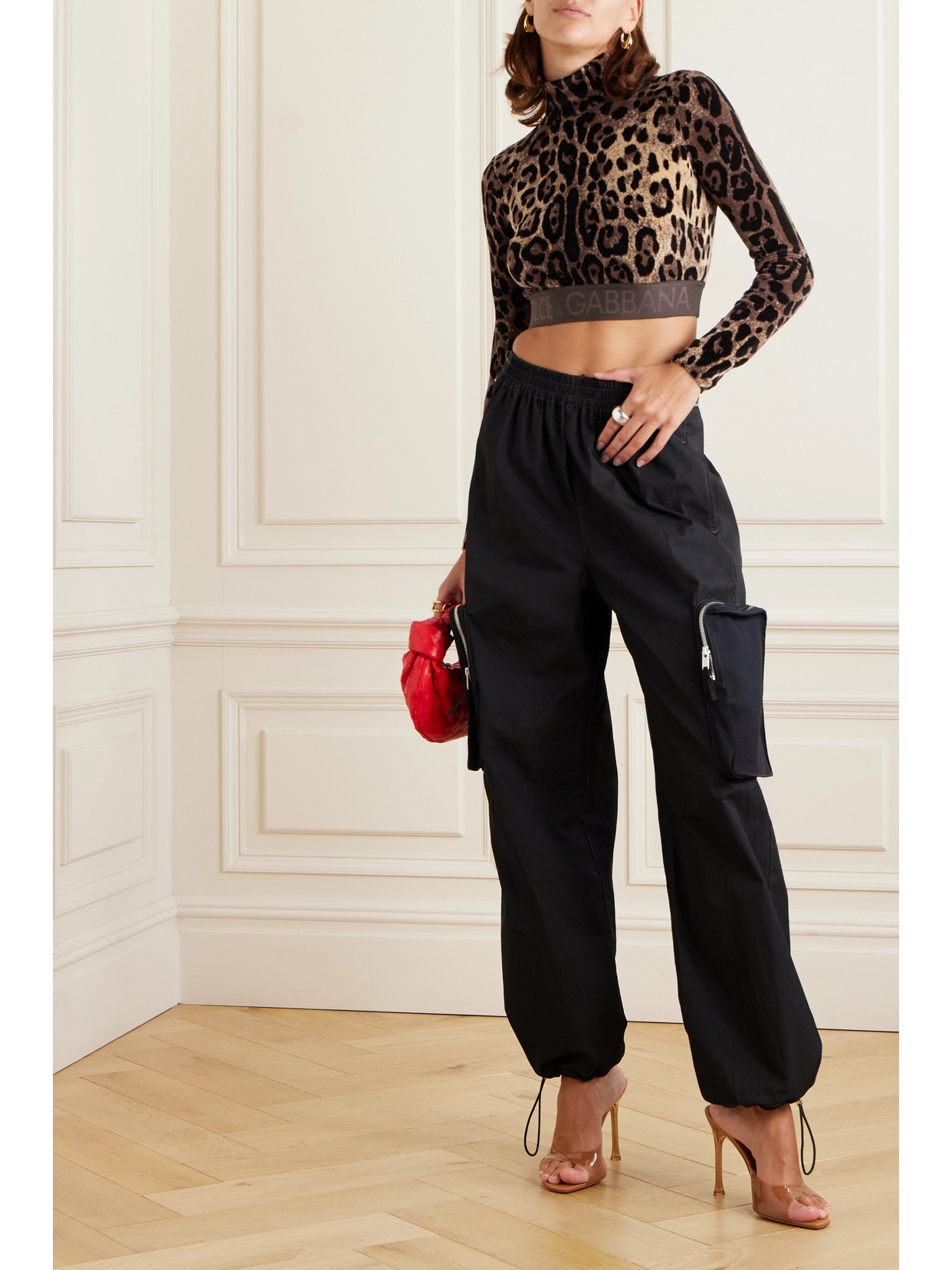 Shop Dolce & Gabbana Cropped Leopard-jacquard Cotton-blend Chenille Turtleneck Top In Animal Print