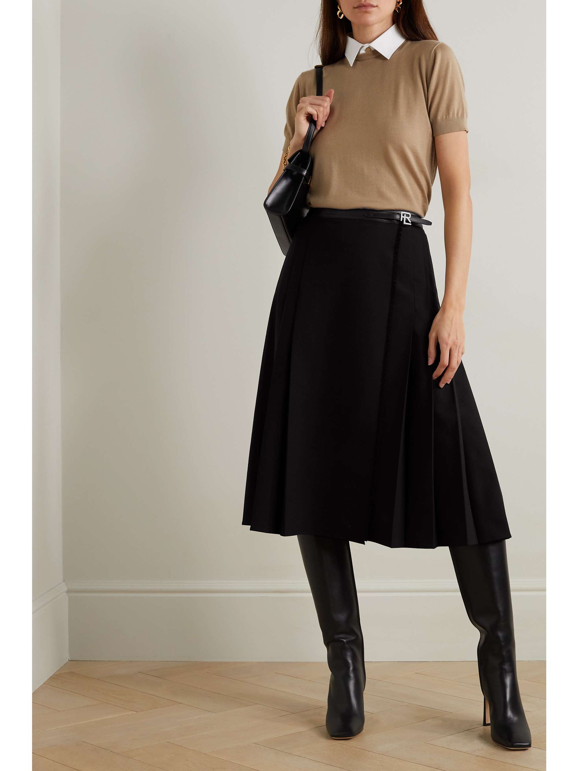 Ralph Lauren Alexandrine Belted Pleated Woven Midi Wrap Skirt - Black - US0