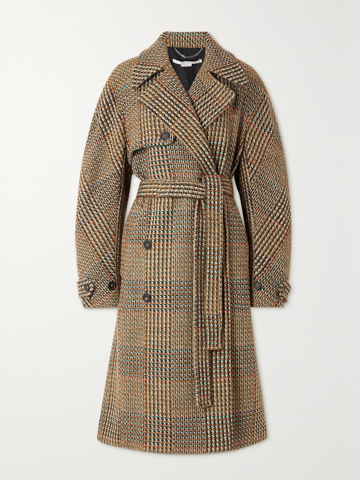 Shop Stella Mccartney Double-breasted Belted Checked Wool-blend Tweed Coat In Brown