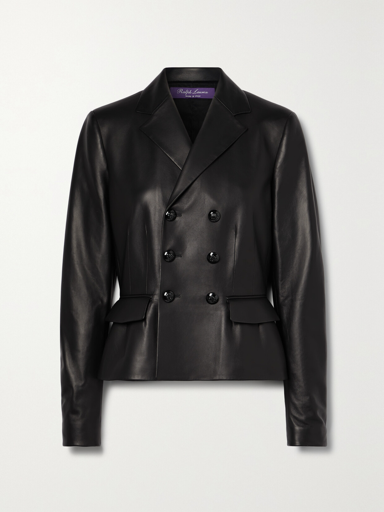 Shop Ralph Lauren Madelena Double-breasted Leather Peplum Jacket In Black