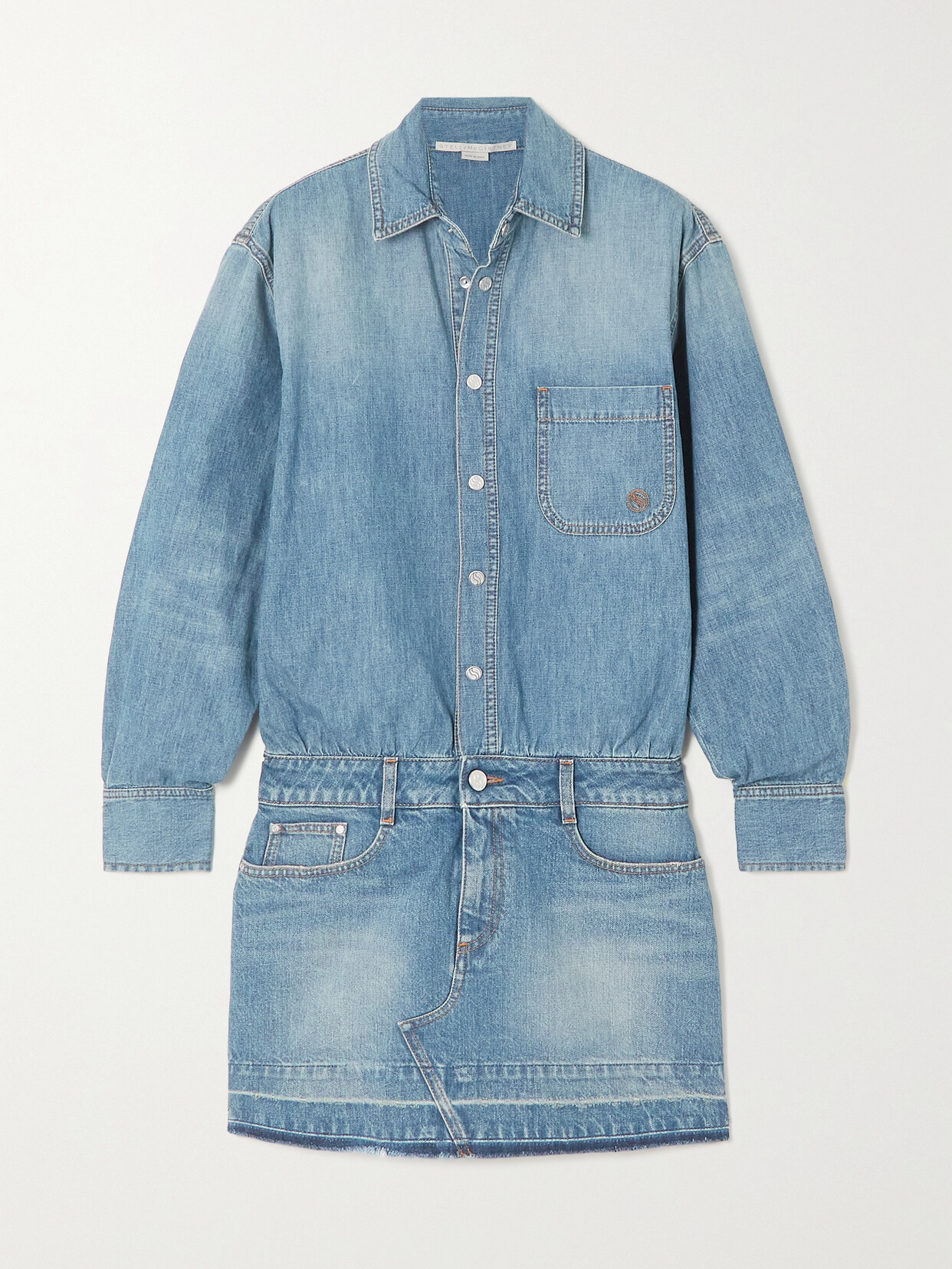 Stella Mccartney + Net Sustain Embroidered Denim Mini Dress In Blue