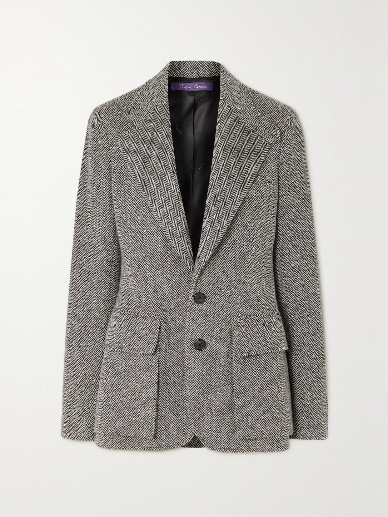 Ralph Lauren Preston Leather-trimmed Herringbone Wool-blend Tweed Blazer In Gray