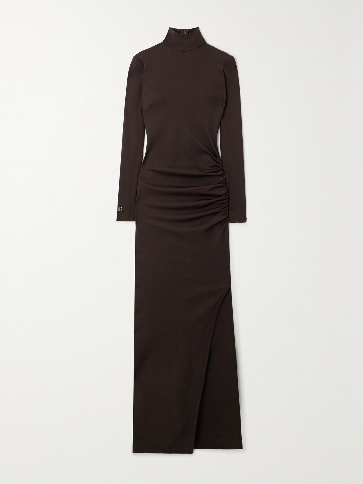 Shop Dolce & Gabbana Ruched Stretch-jersey Turtleneck Maxi Dress In Brown