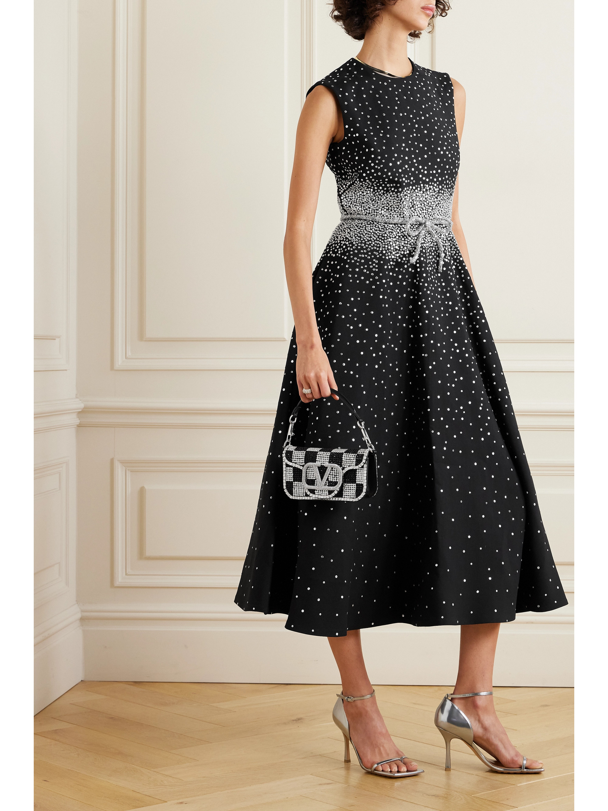 Valentino Garavani Belted embellished wool and silk-blend midi dress