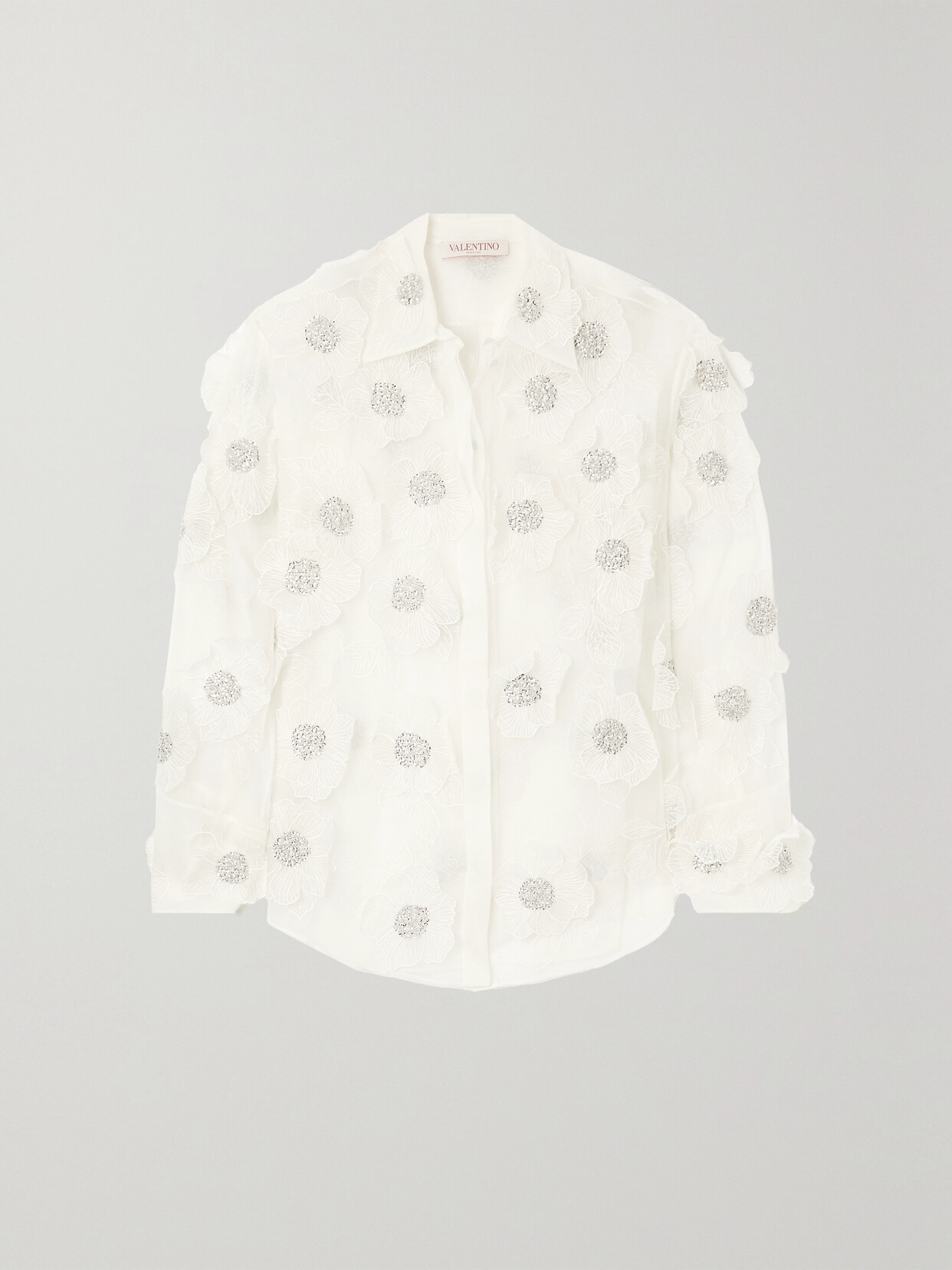 Valentino Sequin-trimmed Silk-organza Shirt In White