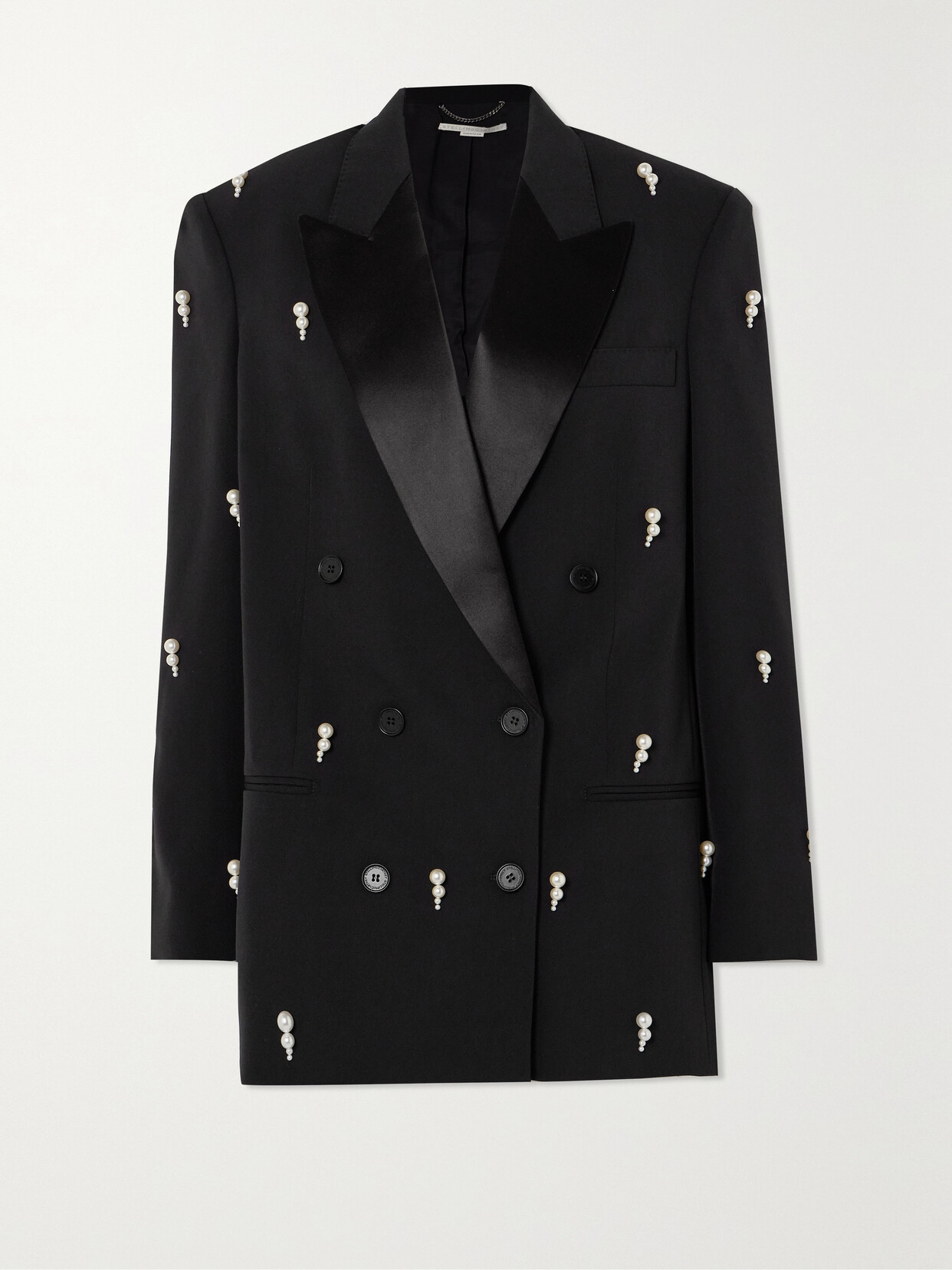 Shop Stella Mccartney + Net Sustain Oversized Faux Pearl-embellished Double-breasted Wool-blend Blazer In Black