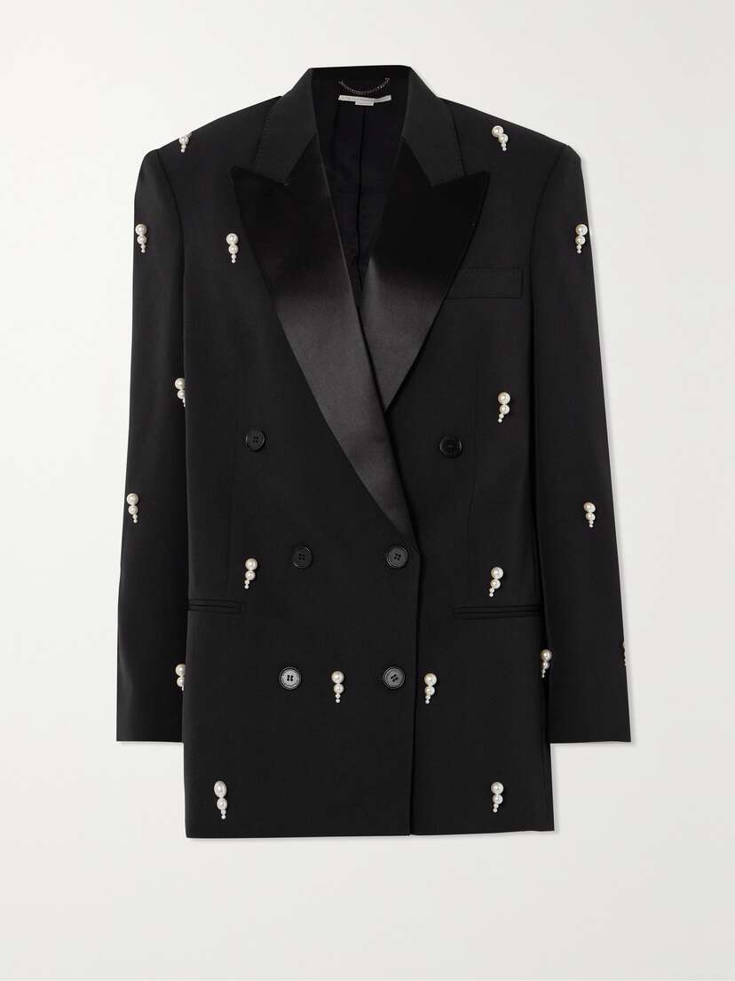 Stella McCartney + Net Sustain Oversized Faux Pearl-embellished Double-breasted Wool-blend Blazer