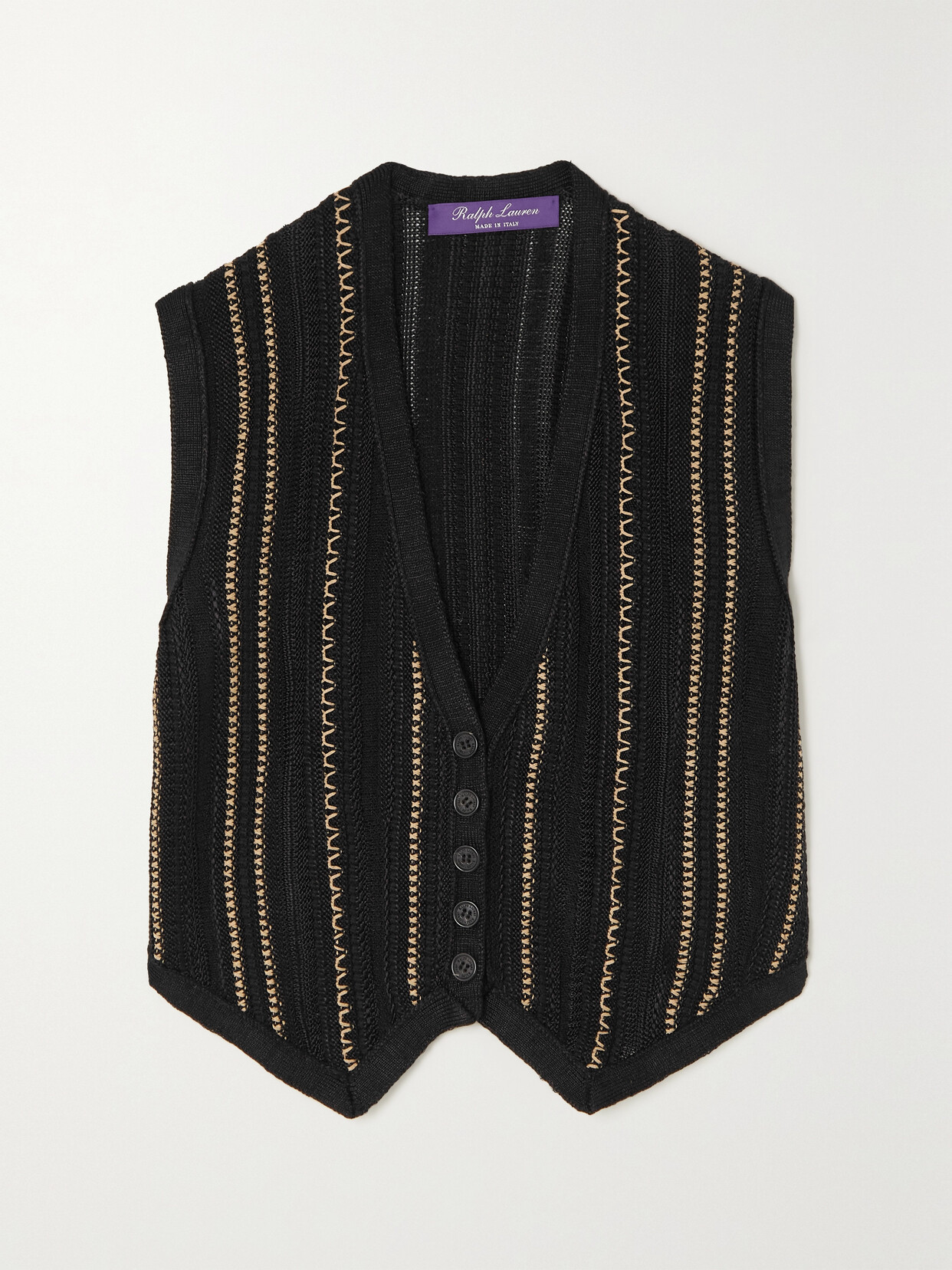 Ralph Lauren Embroidered Striped Crochet-knit Silk And Linen-blend Vest In Black/tan