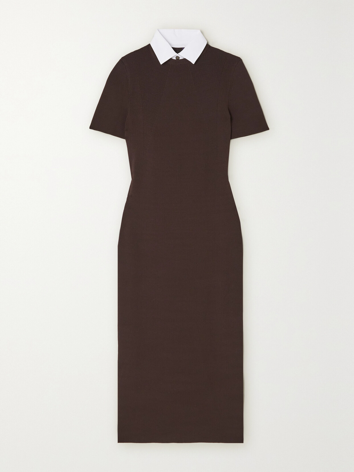 Shop Ralph Lauren Convertible Poplin-trimmed Ribbed-knit Midi Dress In Brown