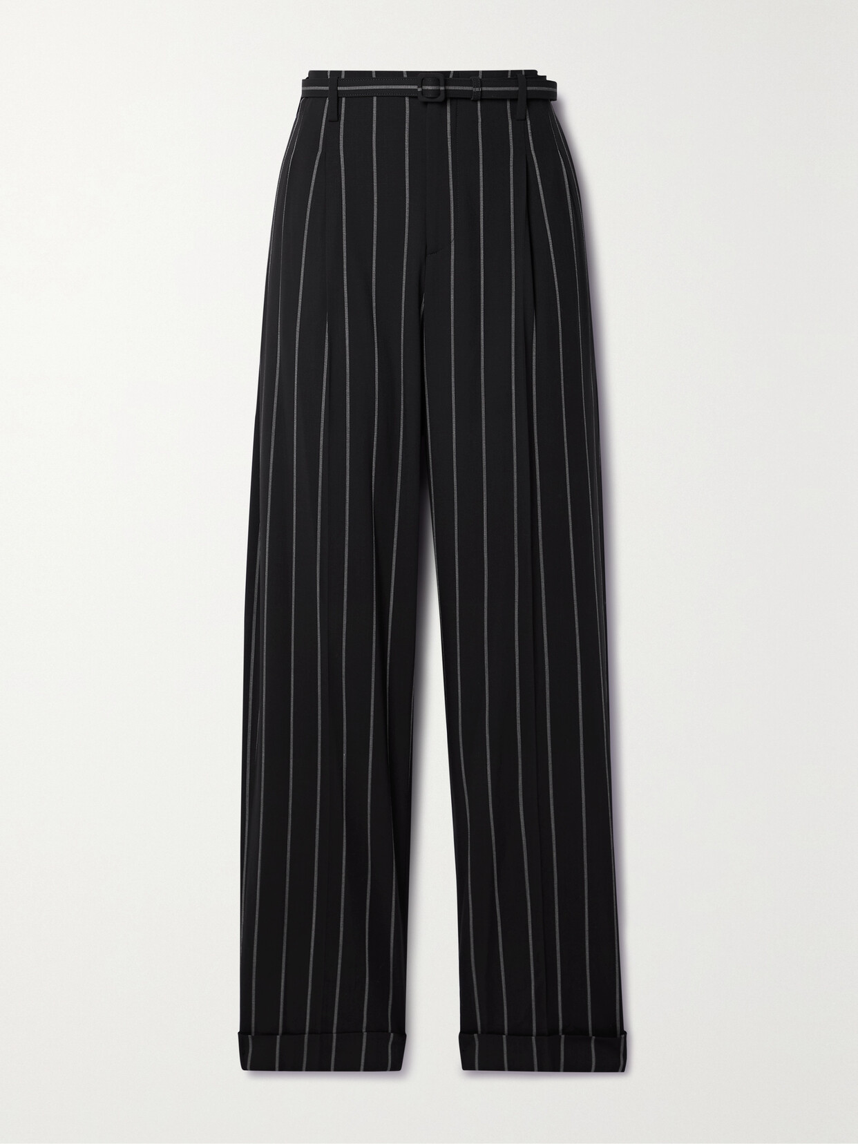 Ralph Lauren Stamford Pleated Pinstriped Wool Straight-leg Pants In Black/cream