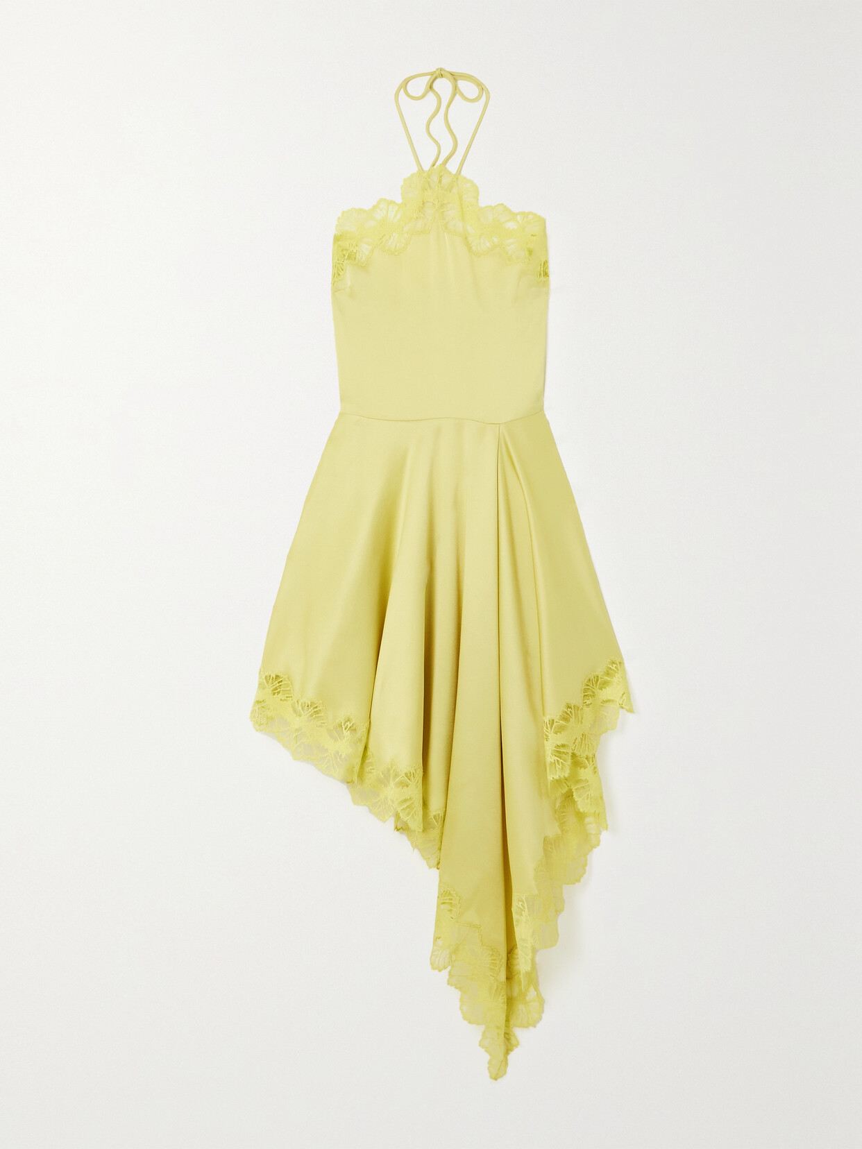 STELLA MCCARTNEY + NET SUSTAIN ASYMMETRIC HALTERNECK LACE-TRIMMED SATIN MINI DRESS