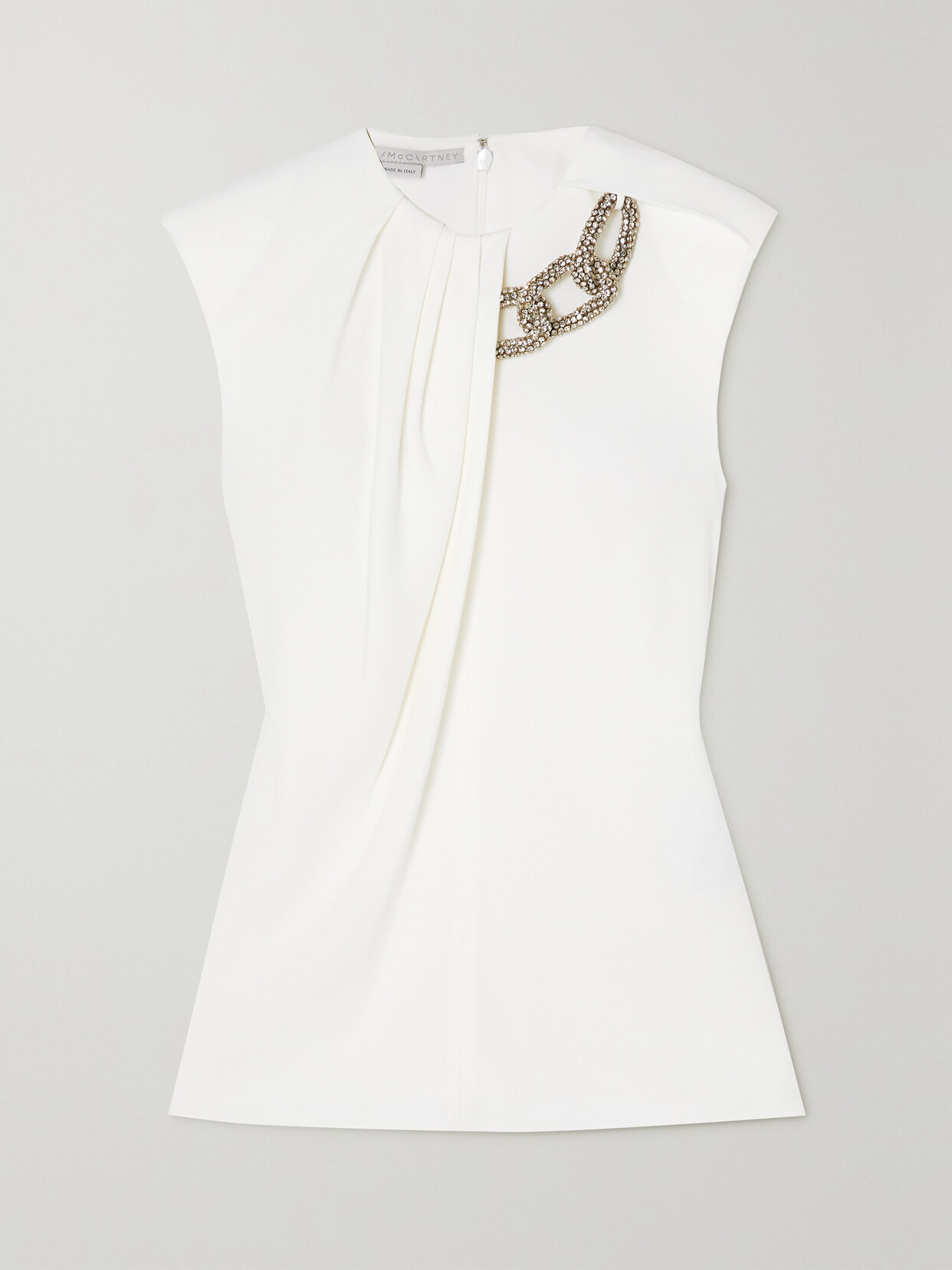 Shop Stella Mccartney + Net Sustain Falabella Crystal-embellished Pleated Stretch-crepe Top In White