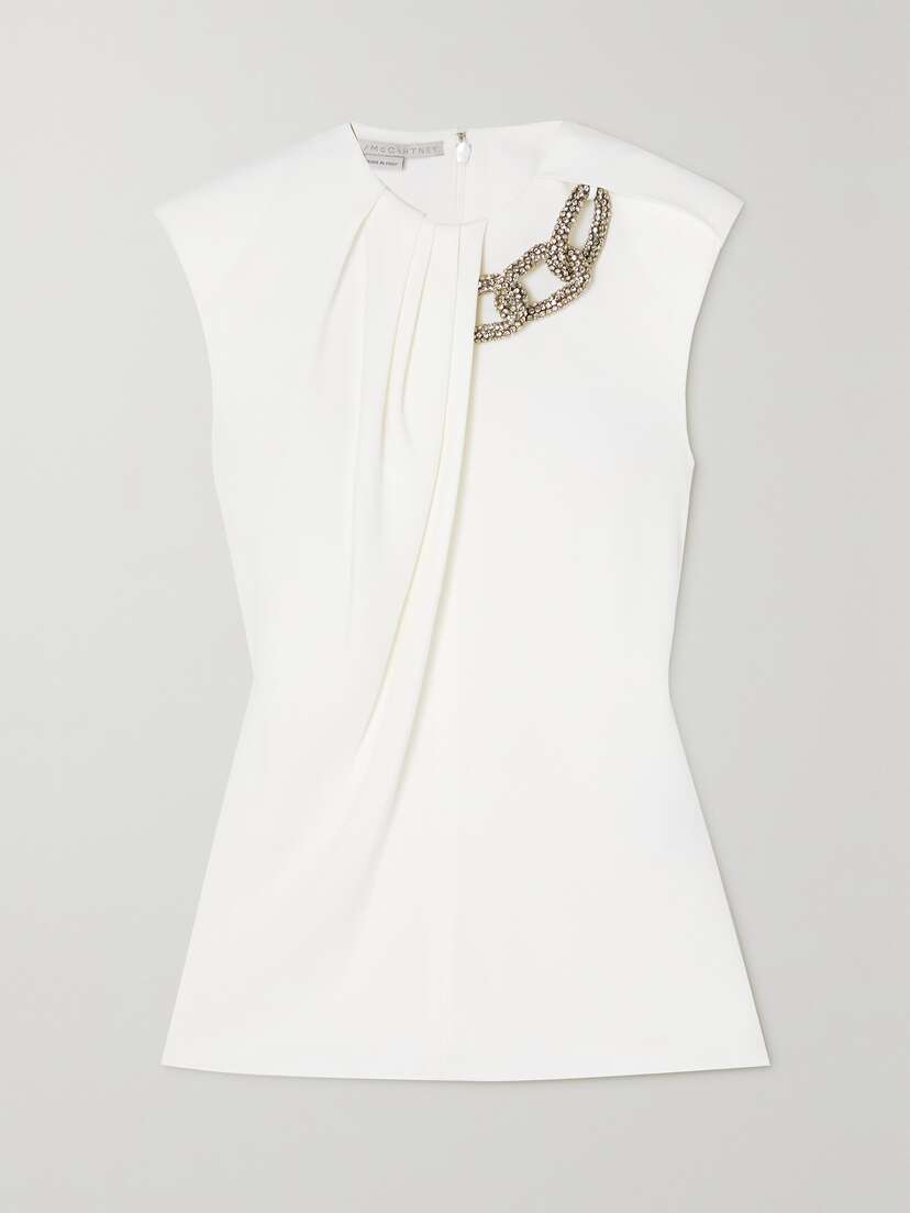 Stella McCartney + Net Sustain Falabella Crystal-embellished Pleated Stretch-crepe Top