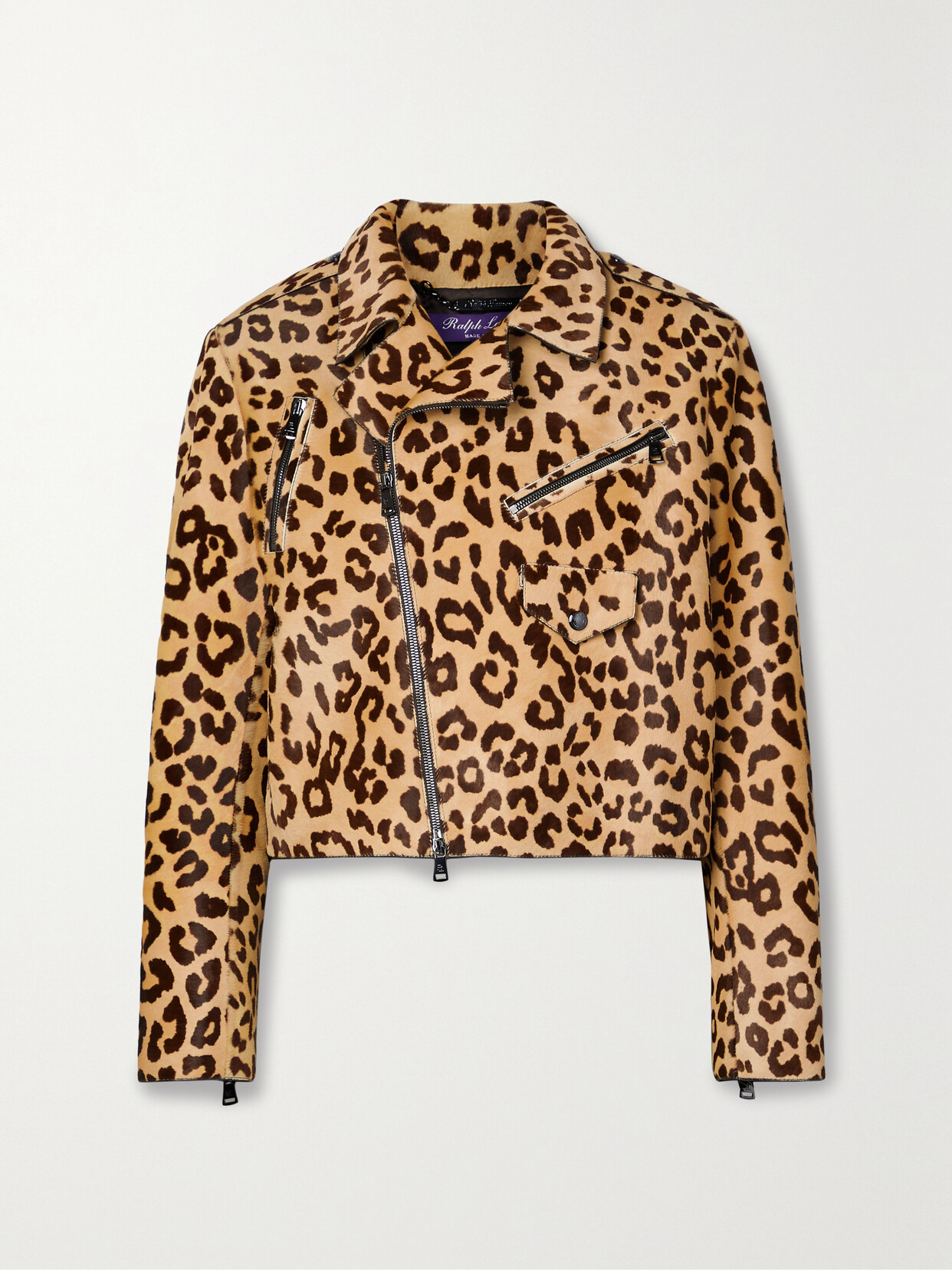 Ralph Lauren Bevelyn Leopard Print Leather Moto Jacket In Tan/black/cream