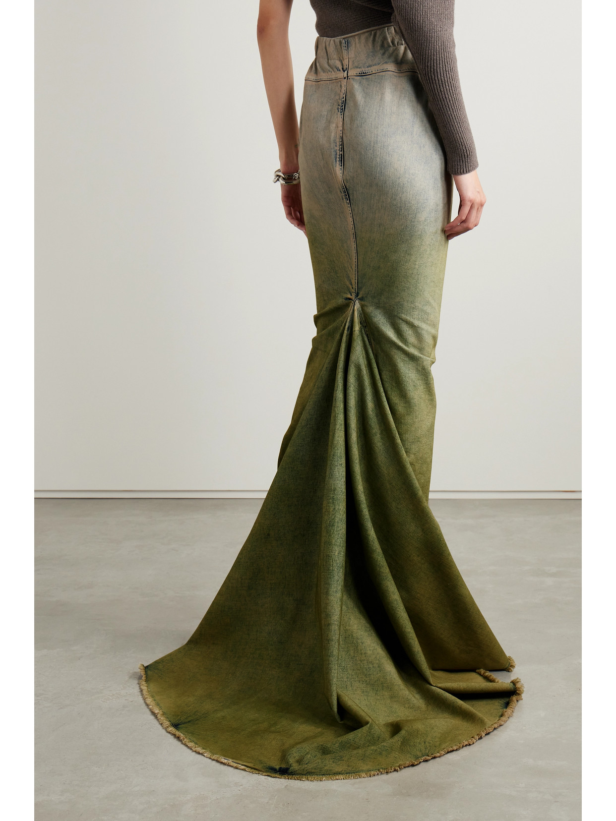 Rick Owens Distressed Dégradé Denim Maxi Skirt In Green