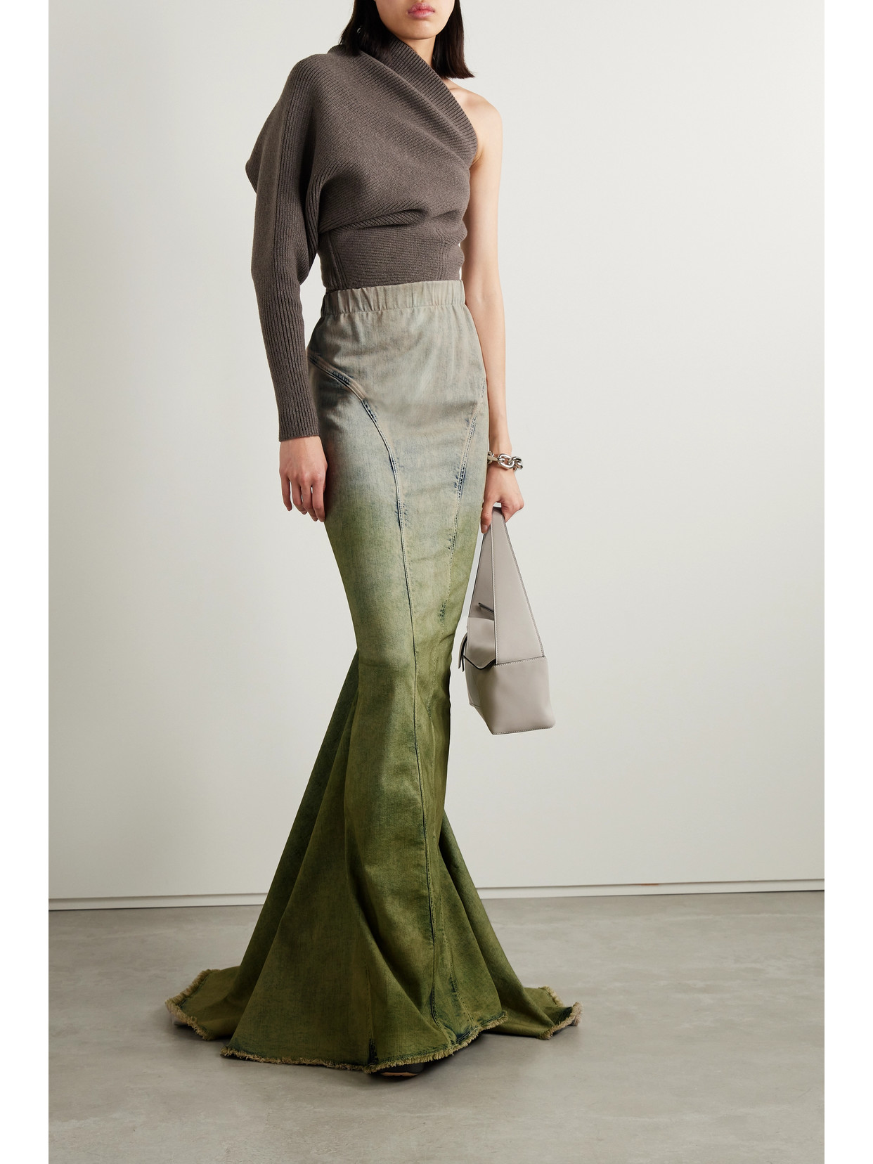 Rick Owens Distressed Dégradé Denim Maxi Skirt In Green