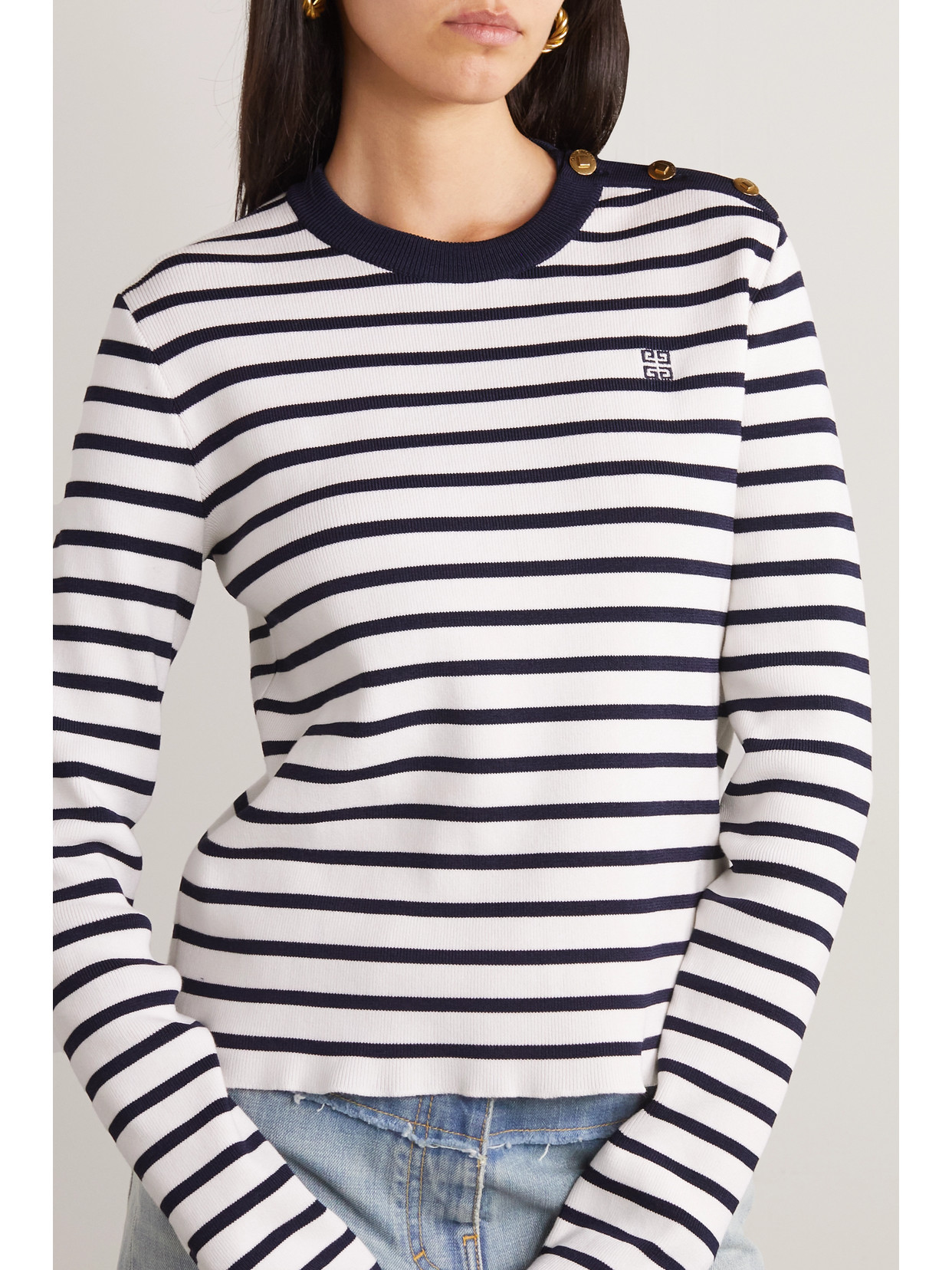 Shop Givenchy Button-embellished Striped Cotton Sweater In White