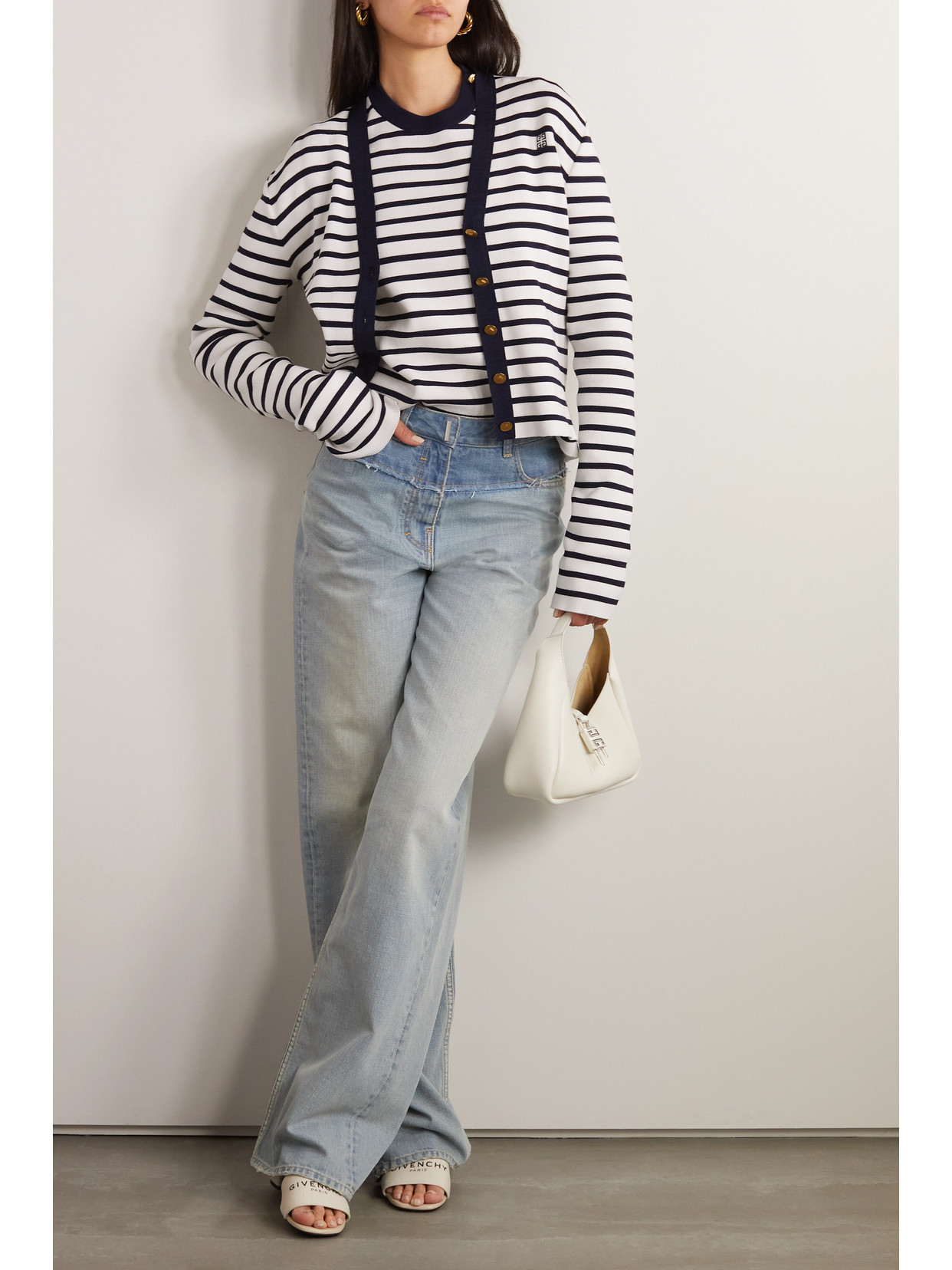 Shop Givenchy Button-embellished Striped Cotton Sweater In White