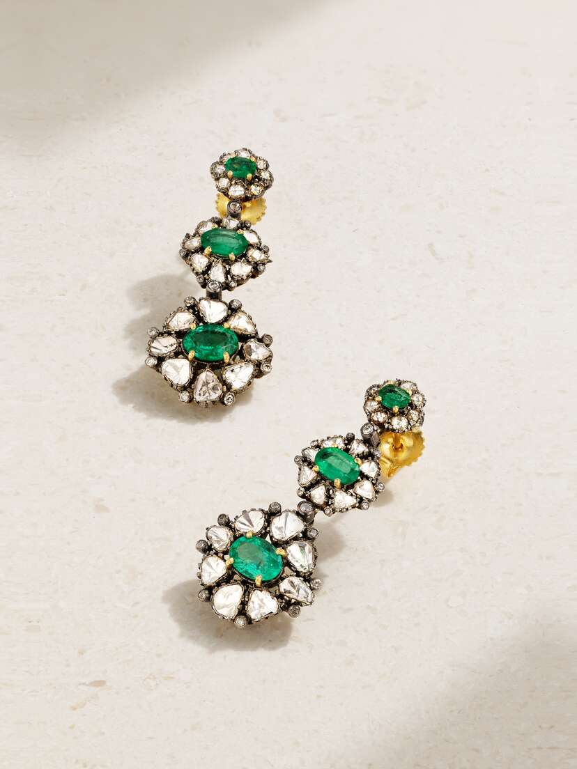 Amrapali London Rhodium-plated 18-karat Gold, Diamond And Emerald Earrings
