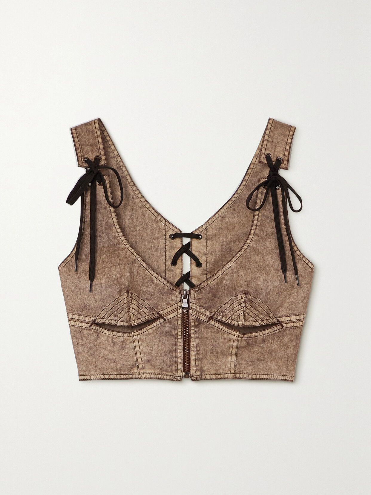 Shop Jean Paul Gaultier + Knwls Leather-appliquéd Mélange Stretch-cotton Bustier Top In Brown