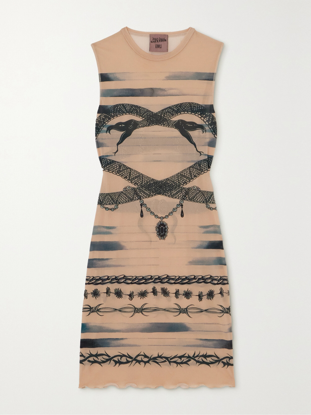 Shop Jean Paul Gaultier + Knwls Printed Stretch-mesh Mini Dress In Neutrals