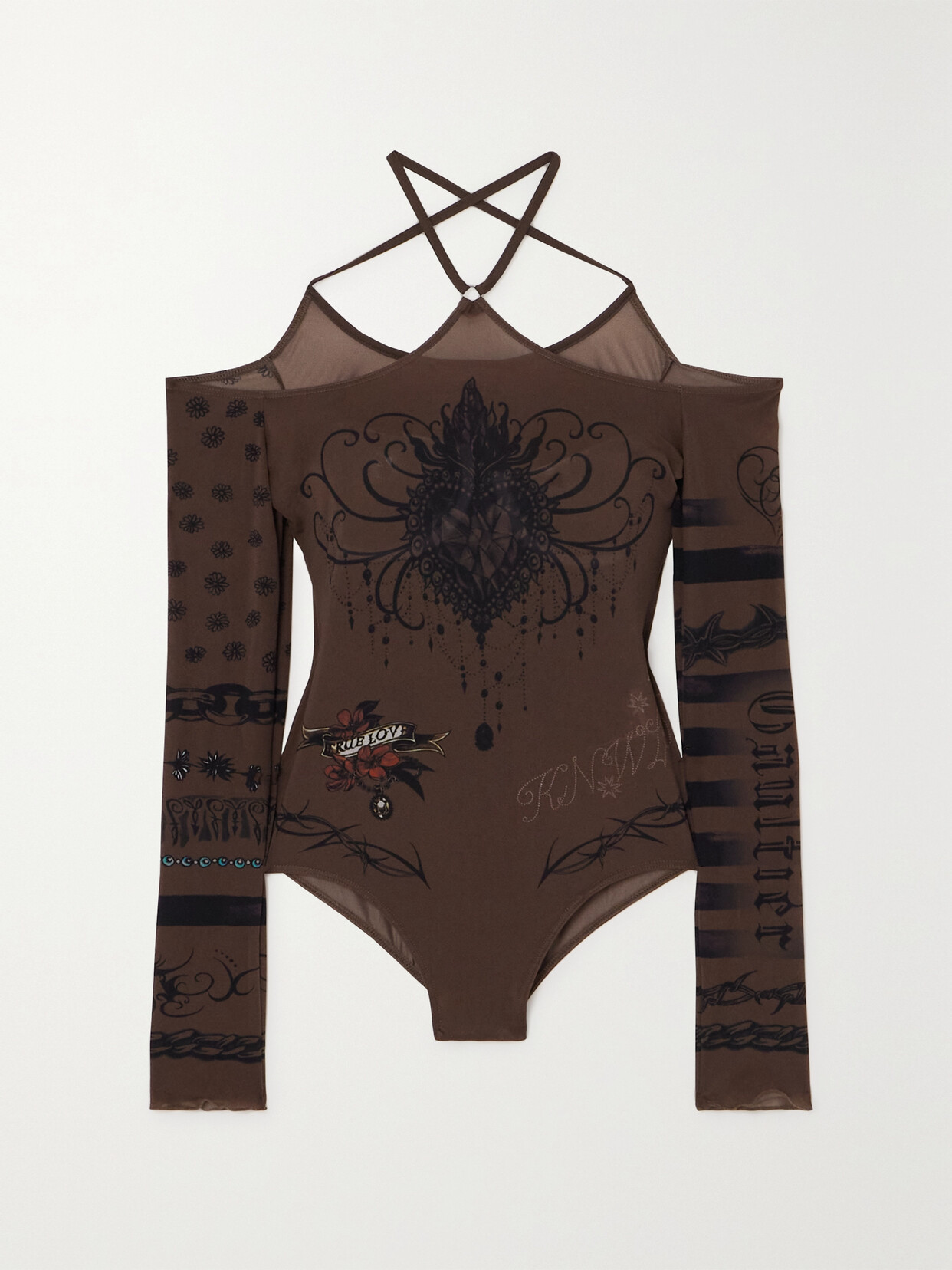 Jean Paul Gaultier + Knwls Cold-shoulder Printed Stretch-jersey Bodysuit - Brown