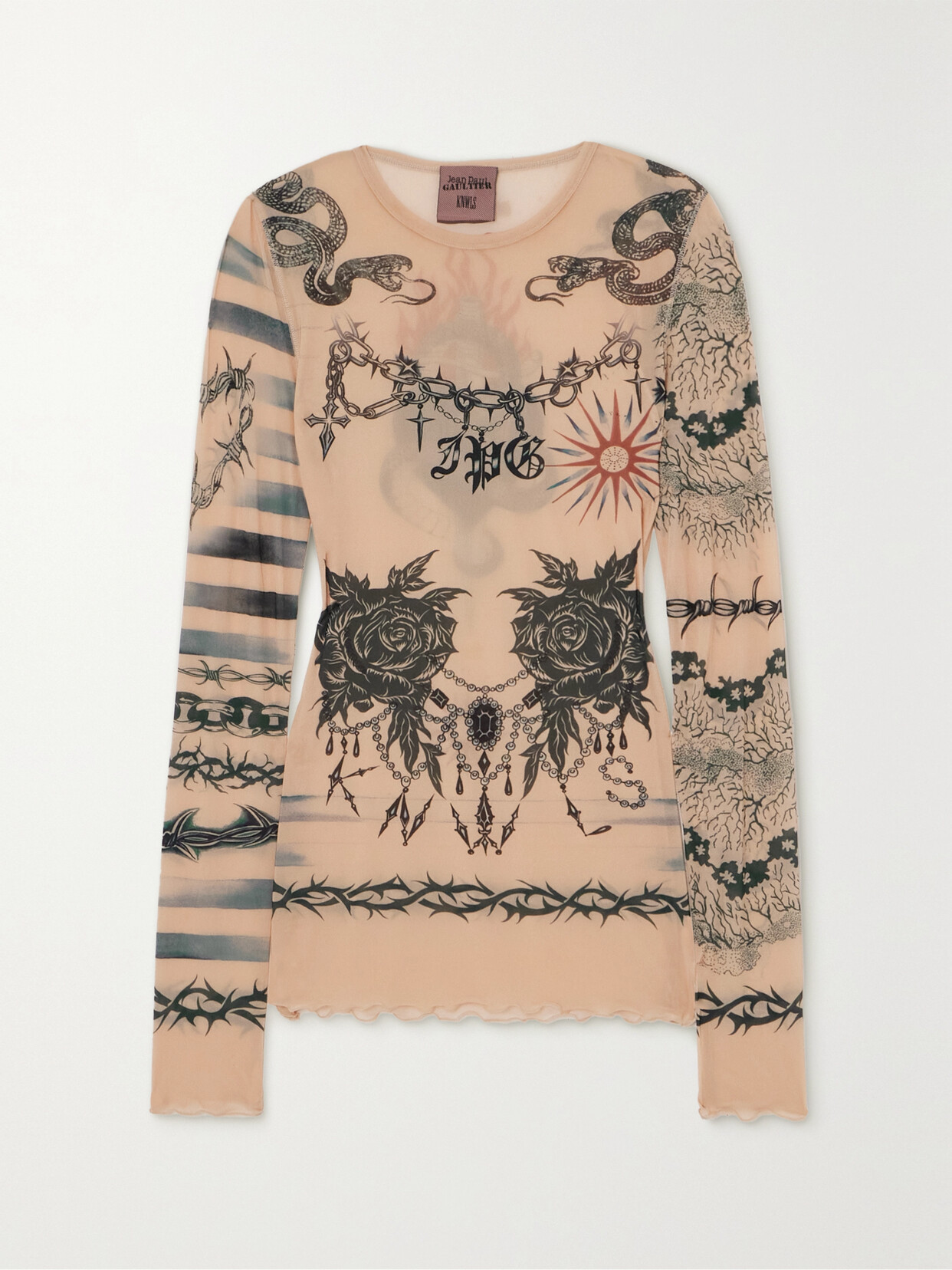 Jean Paul Gaultier Tattoo-print Long-sleeved Top In Beige