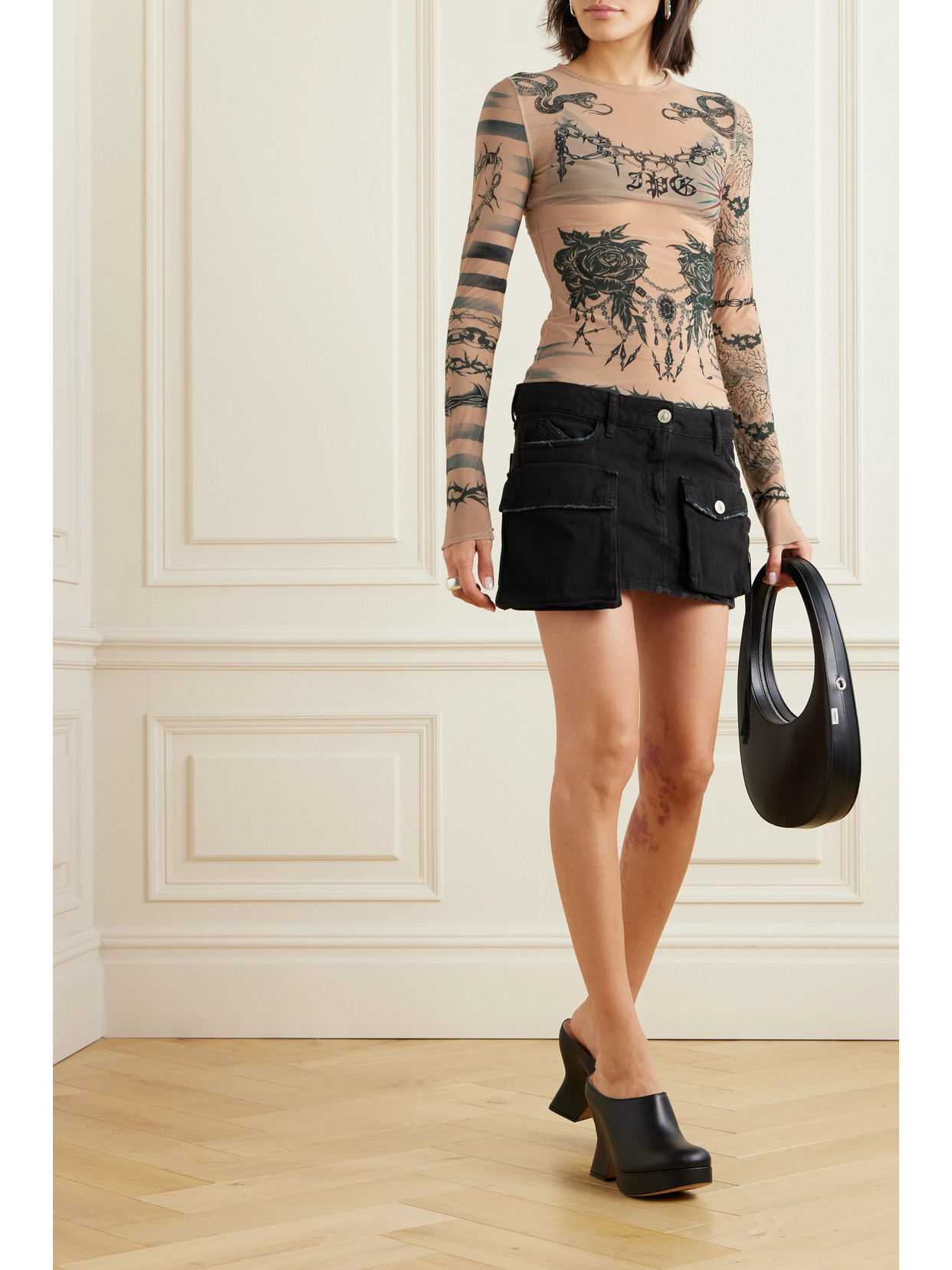 JEAN PAUL GAULTIER + KNWLS PRINTED STRETCH-JERSEY TOP