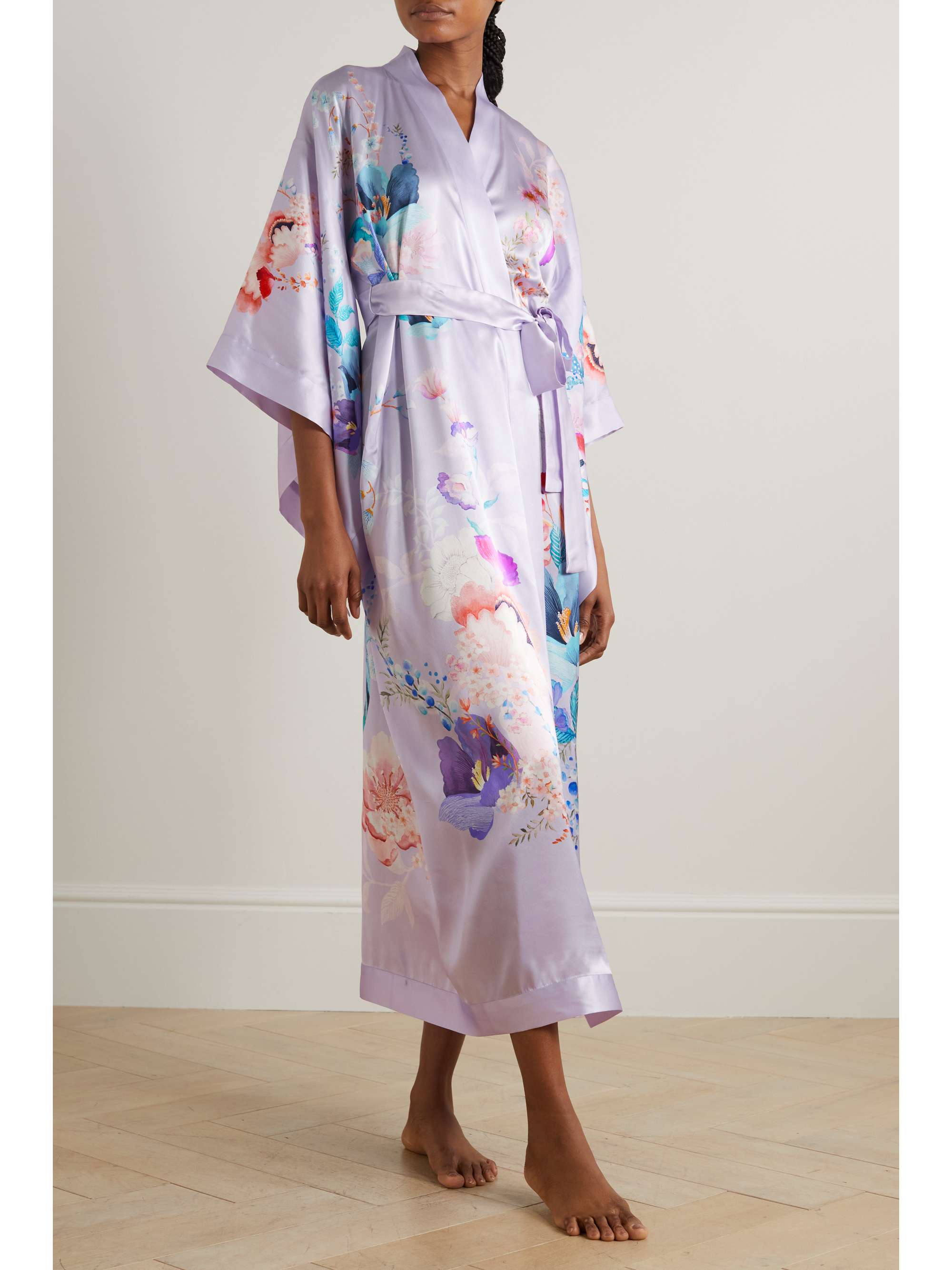 MENG Belted floral-print silk-satin robe