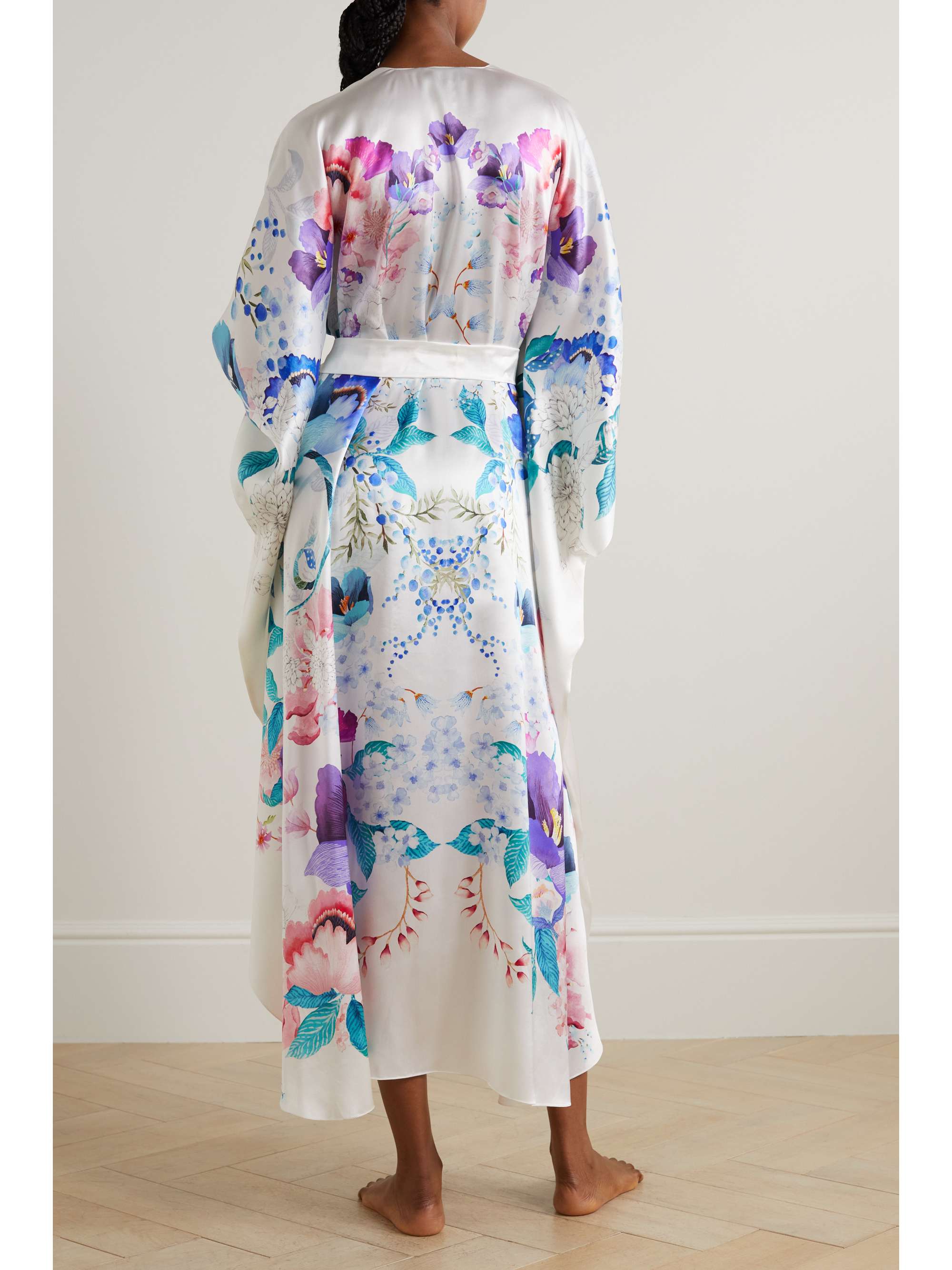 MENG Belted floral-print silk-satin robe