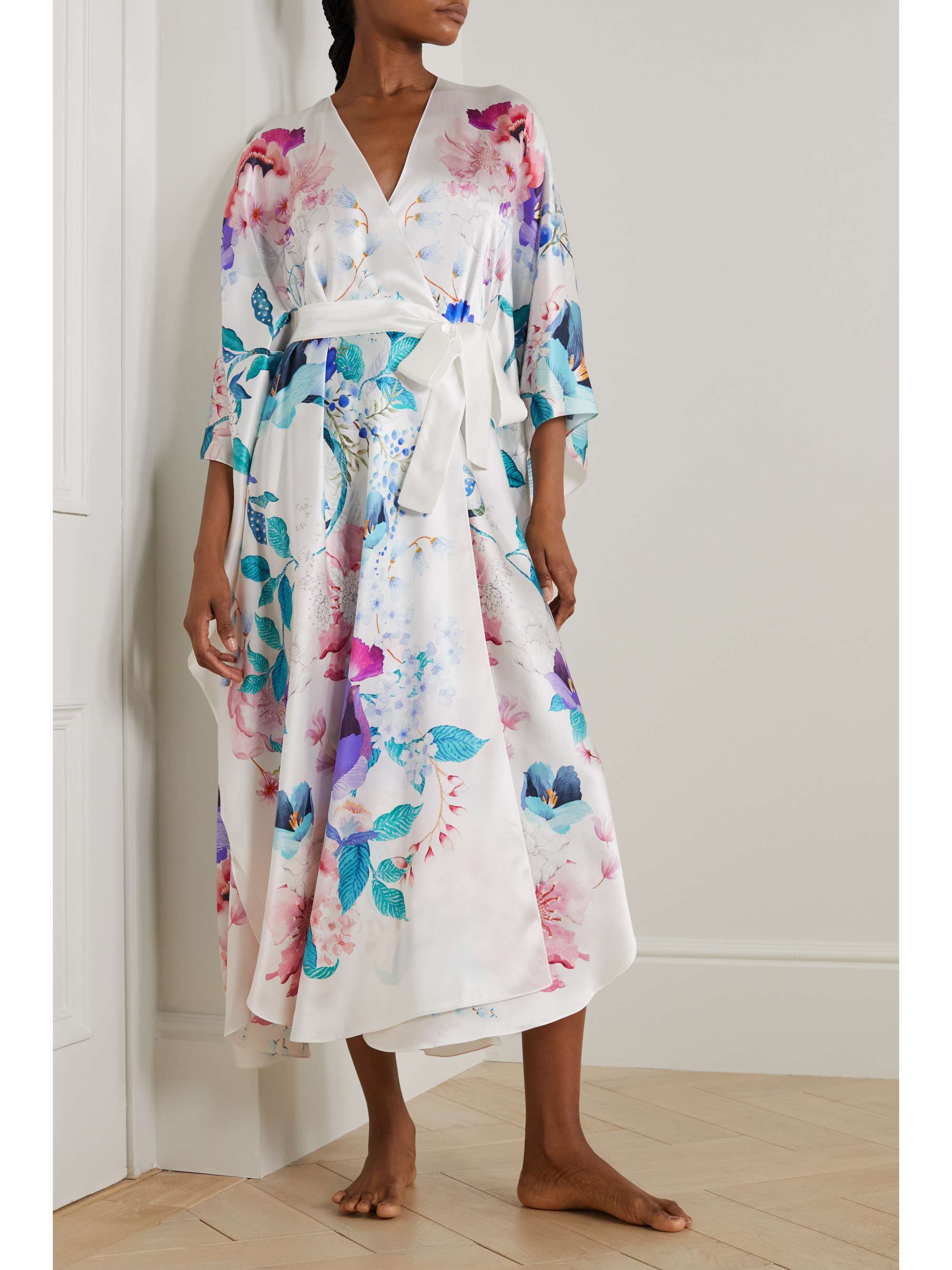 MENG Belted floral-print silk-satin robe